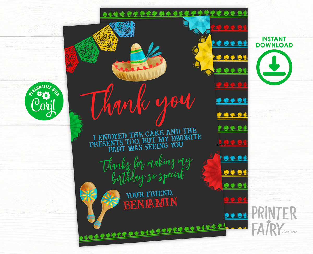 Fiesta Birthday Thank You Card, Editable Mexican Invitation (Digital)