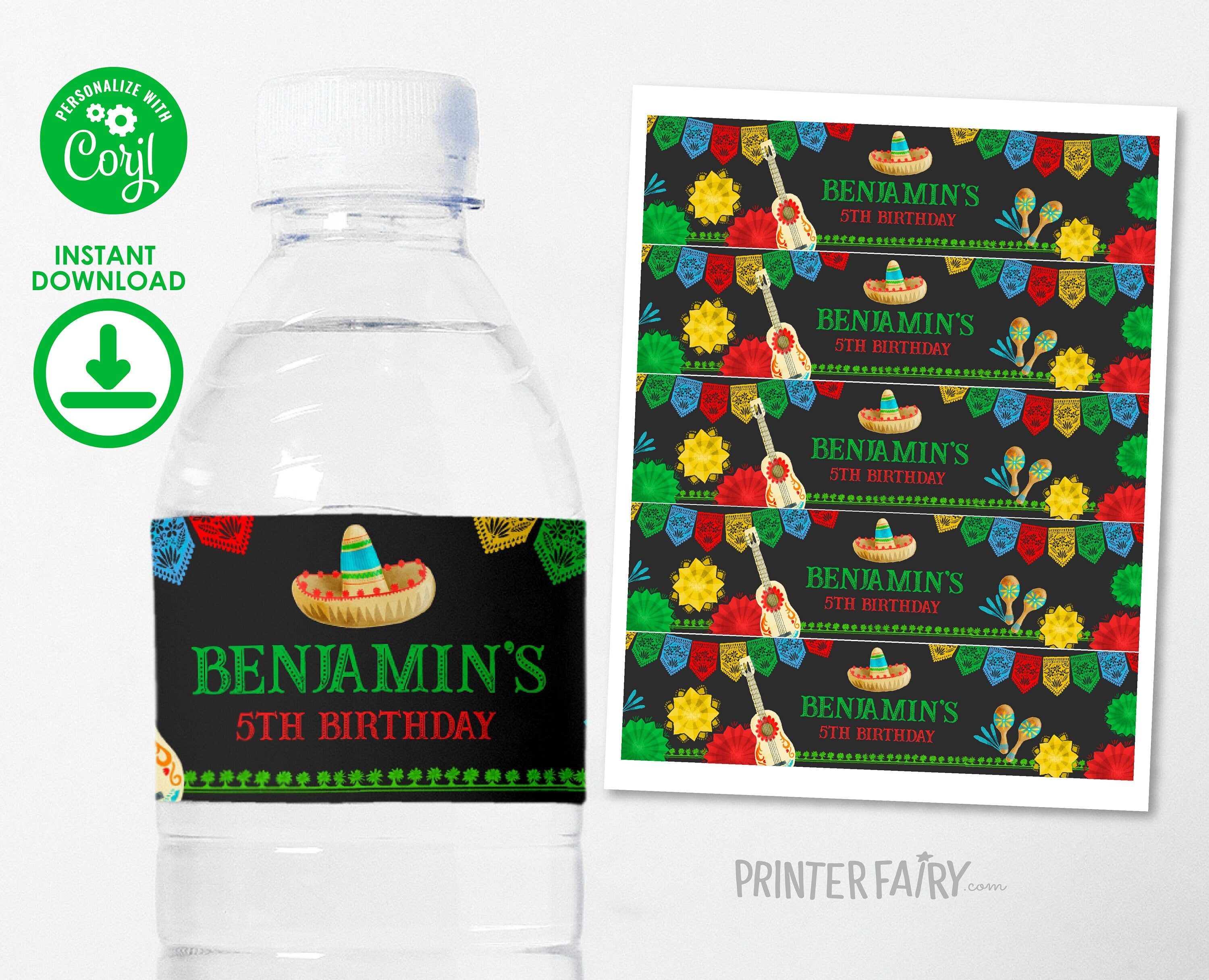 Editable Fiesta Birthday Water Bottle Label (Digital Download)