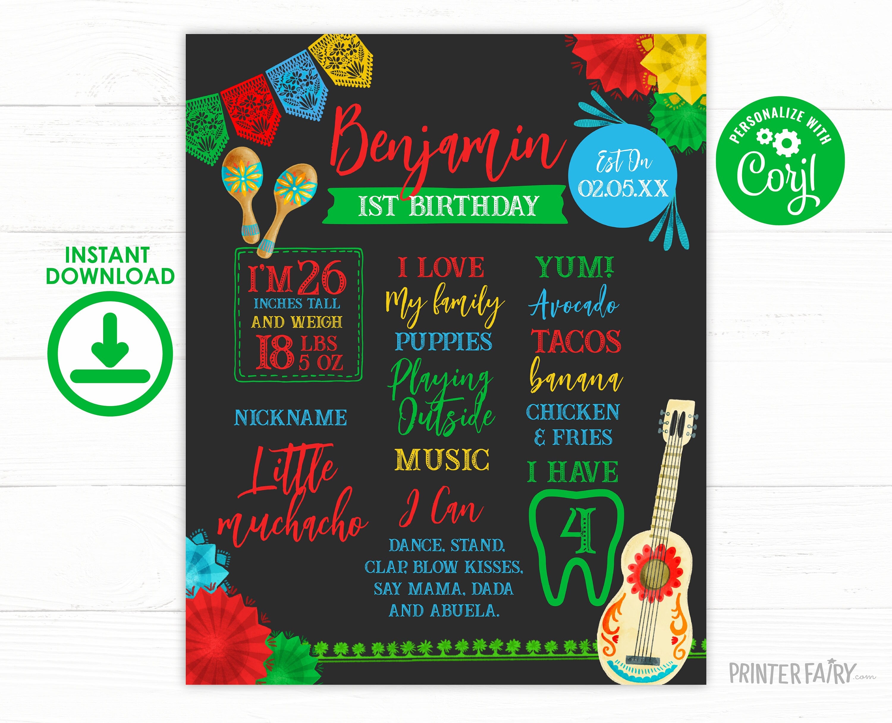 Fiesta First Birthday Milestones Board, Editable Mexican Party Sign (Digital Download)