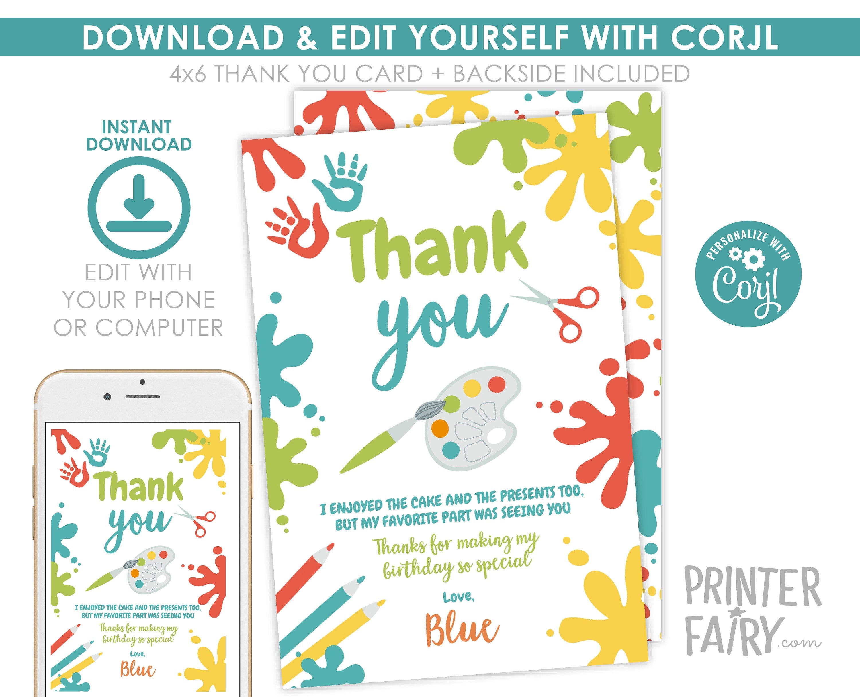 Art Birthday Thank You Card, Editable Paint Party (Digital Item)