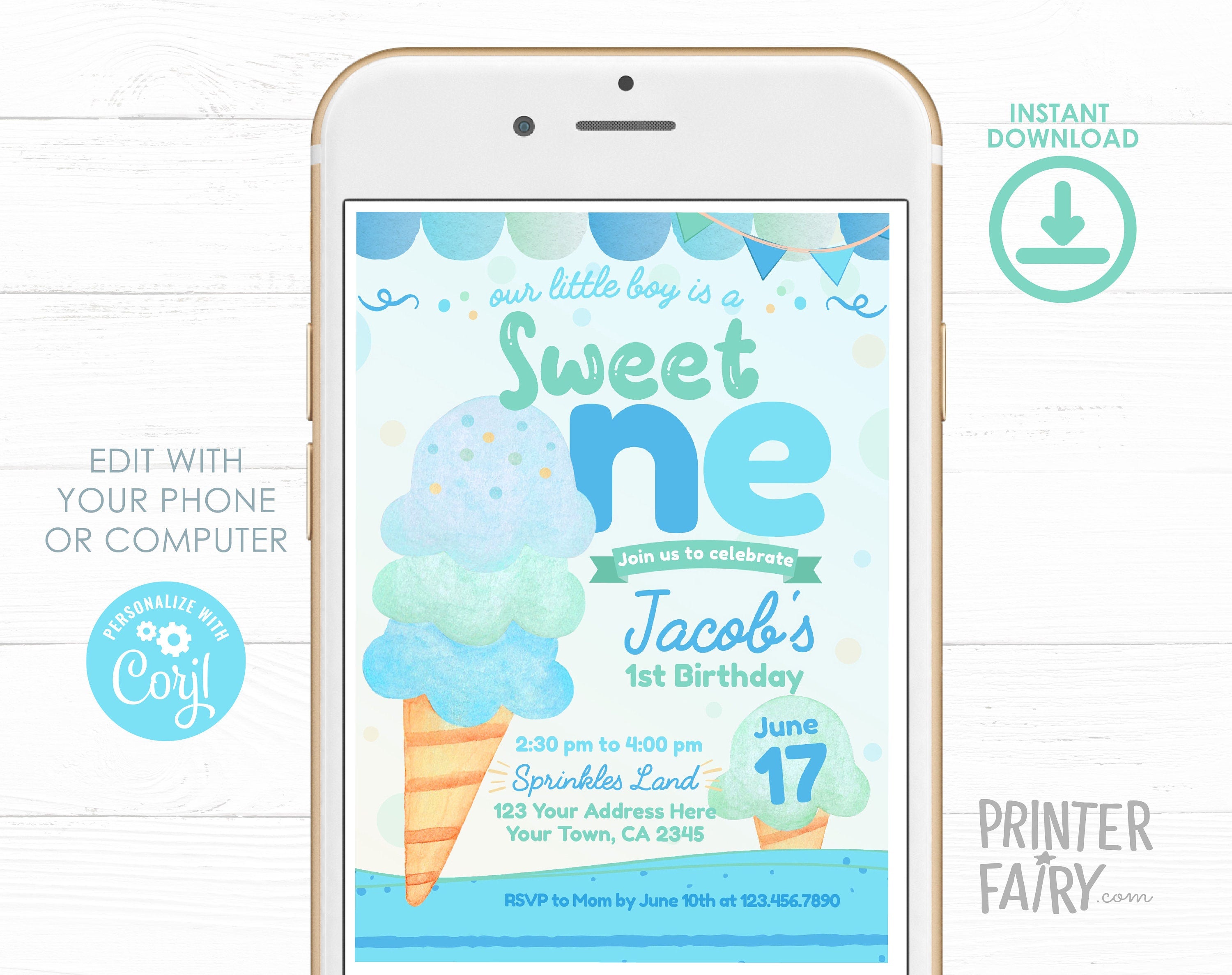 Ice Cream First Birthday Invitation, Editable Summer Party (Digital)