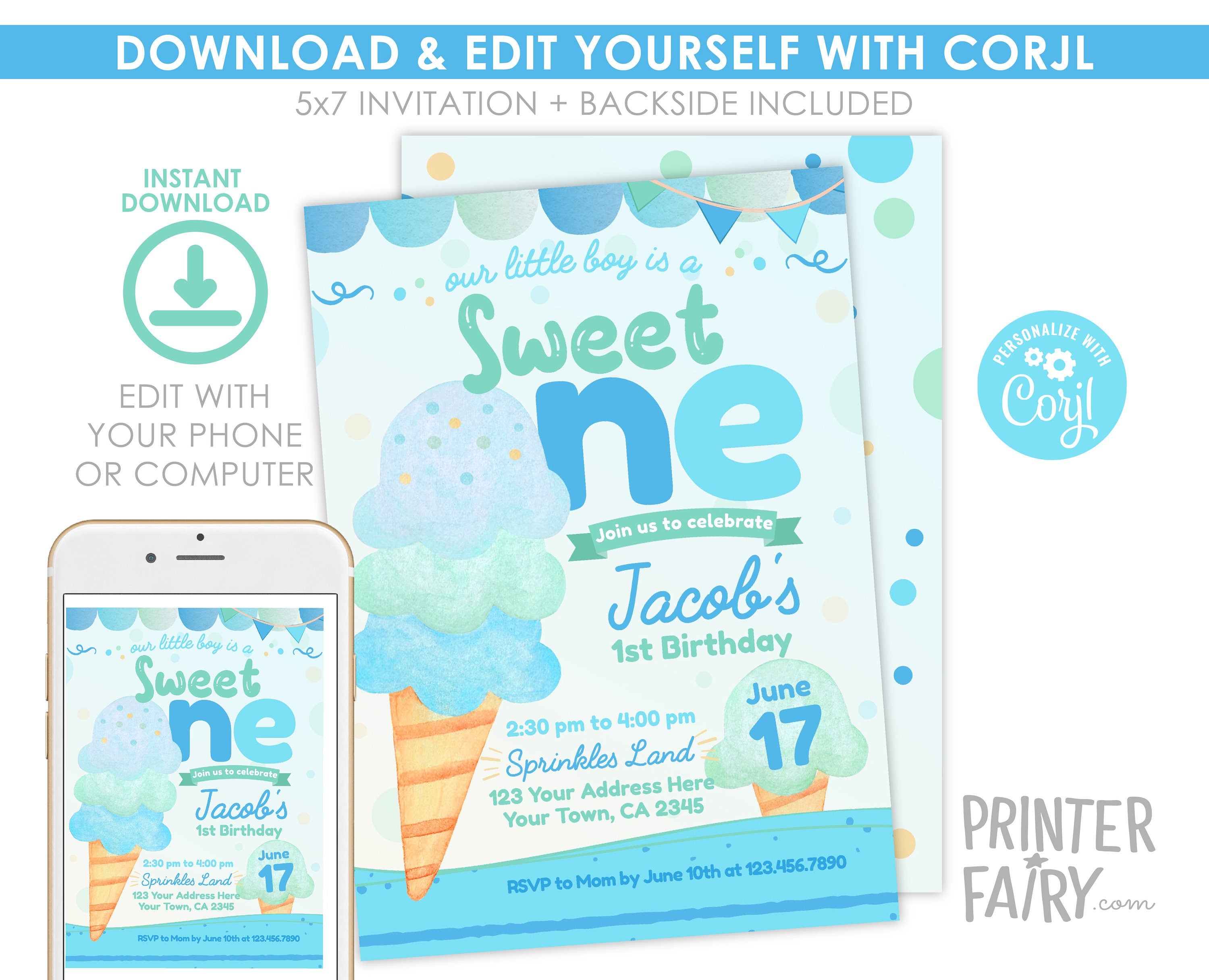 Ice Cream First Birthday Invitation, Editable Summer Party (Digital)