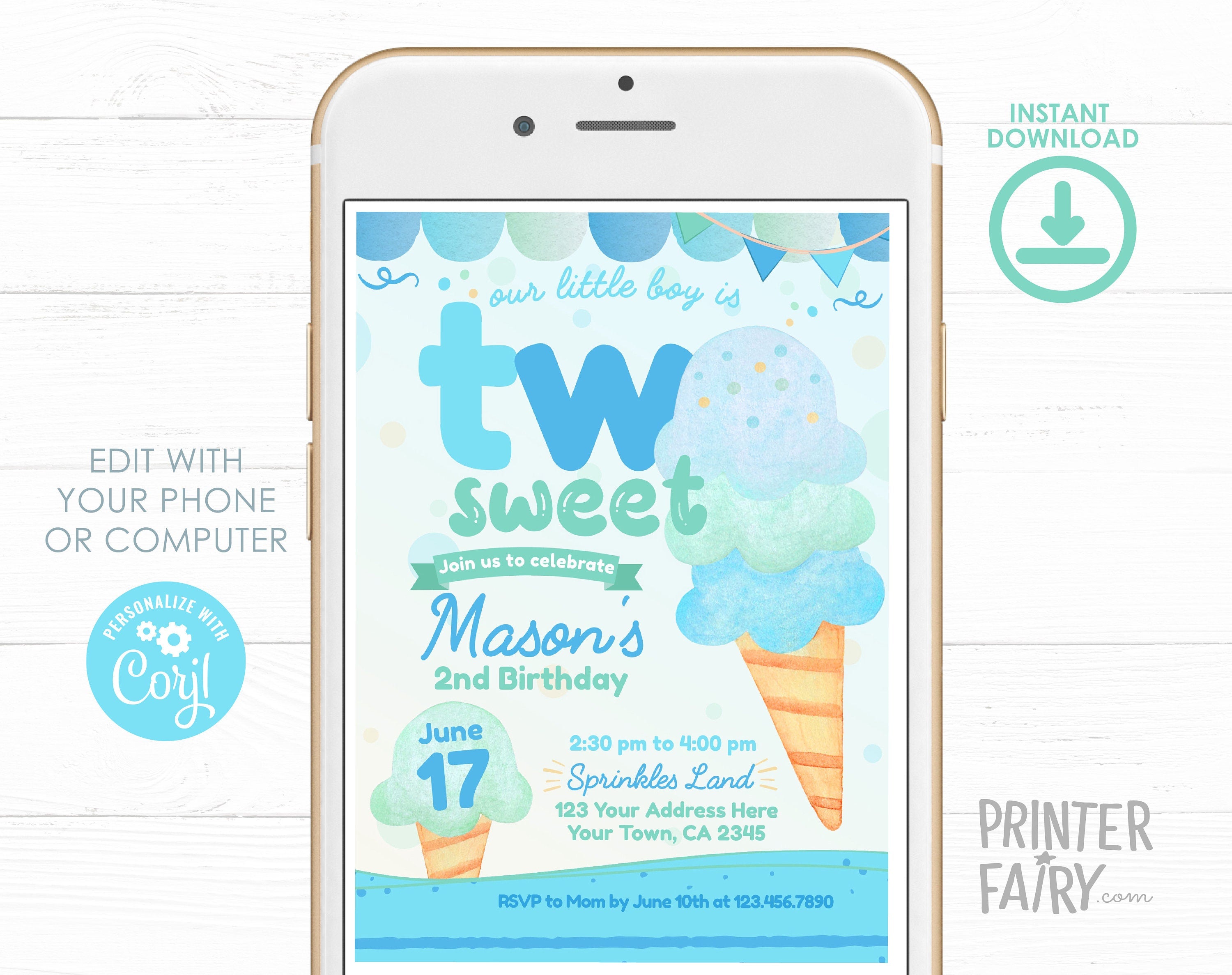 Ice Cream 2nd Birthday Invitation, Editable Summer Party (Digital)