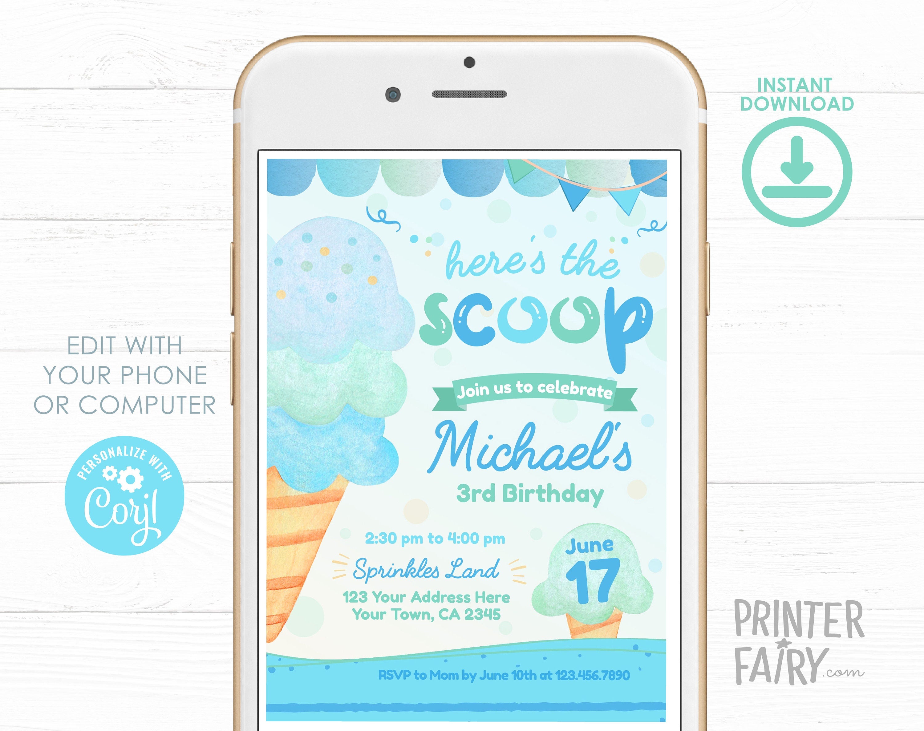 Ice Cream Birthday Party Invitation, Editable Digital Invite (Instant Download)