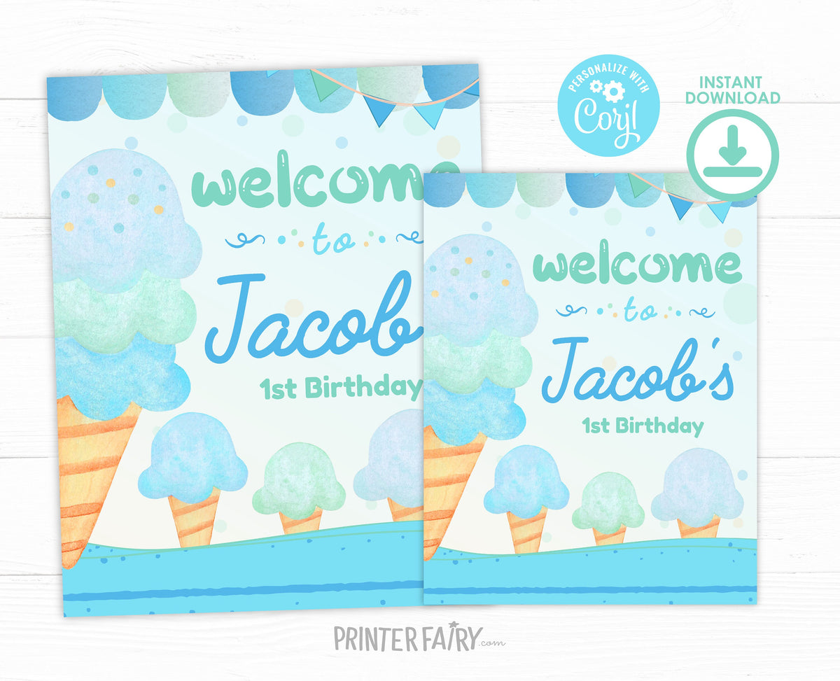 Ice Cream Birthday Welcome Sign, Editable Party Decoration (Digital Download)