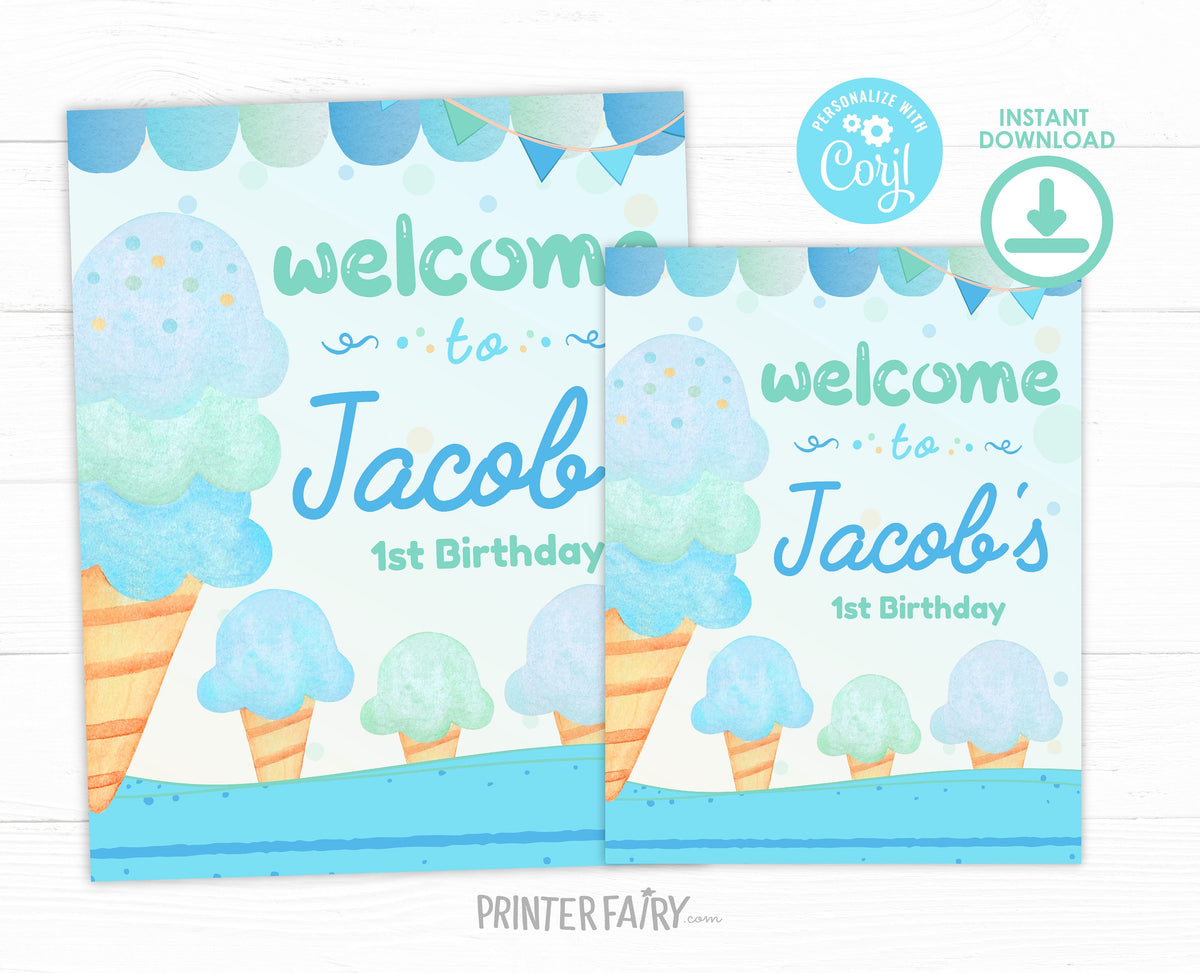 Ice Cream Birthday Welcome Sign, Editable Party Decoration (Digital Download)