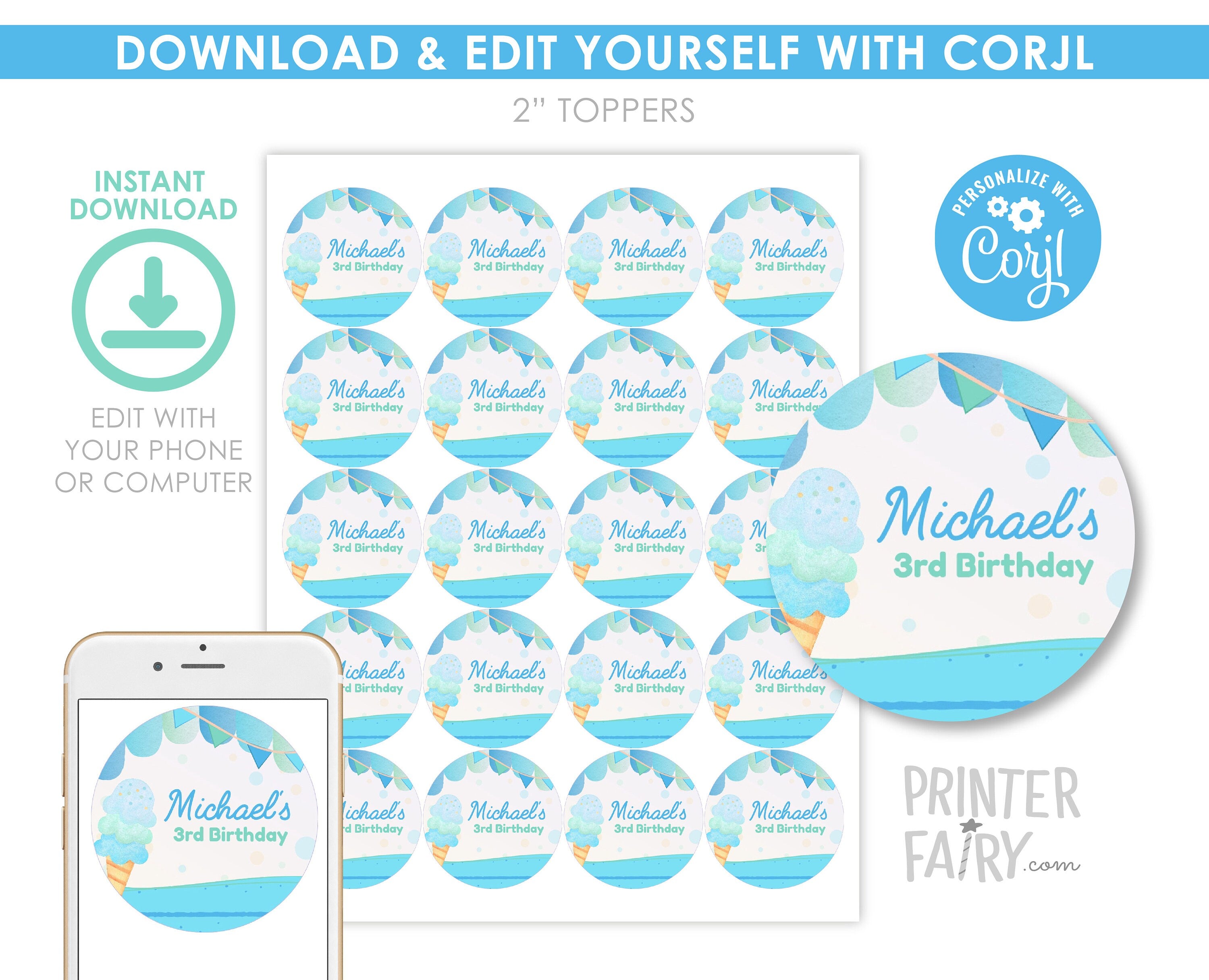 Ice Cream Birthday Party Toppers, EDITABLE (Digital Item)