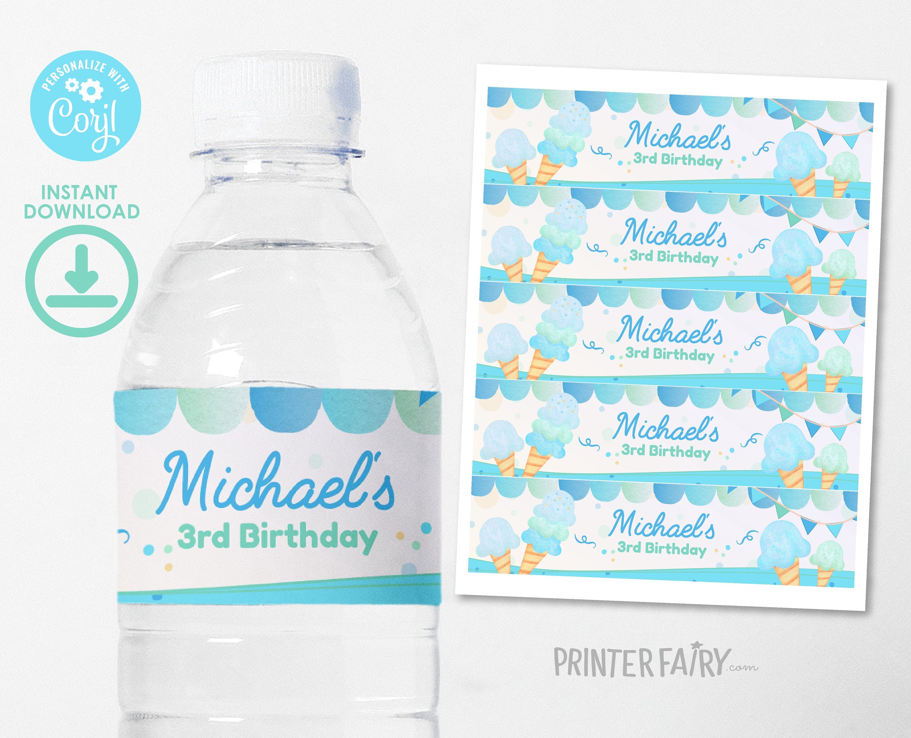 Ice Cream Birthday Water Bottle Label, Editable Party Favor (Digital)