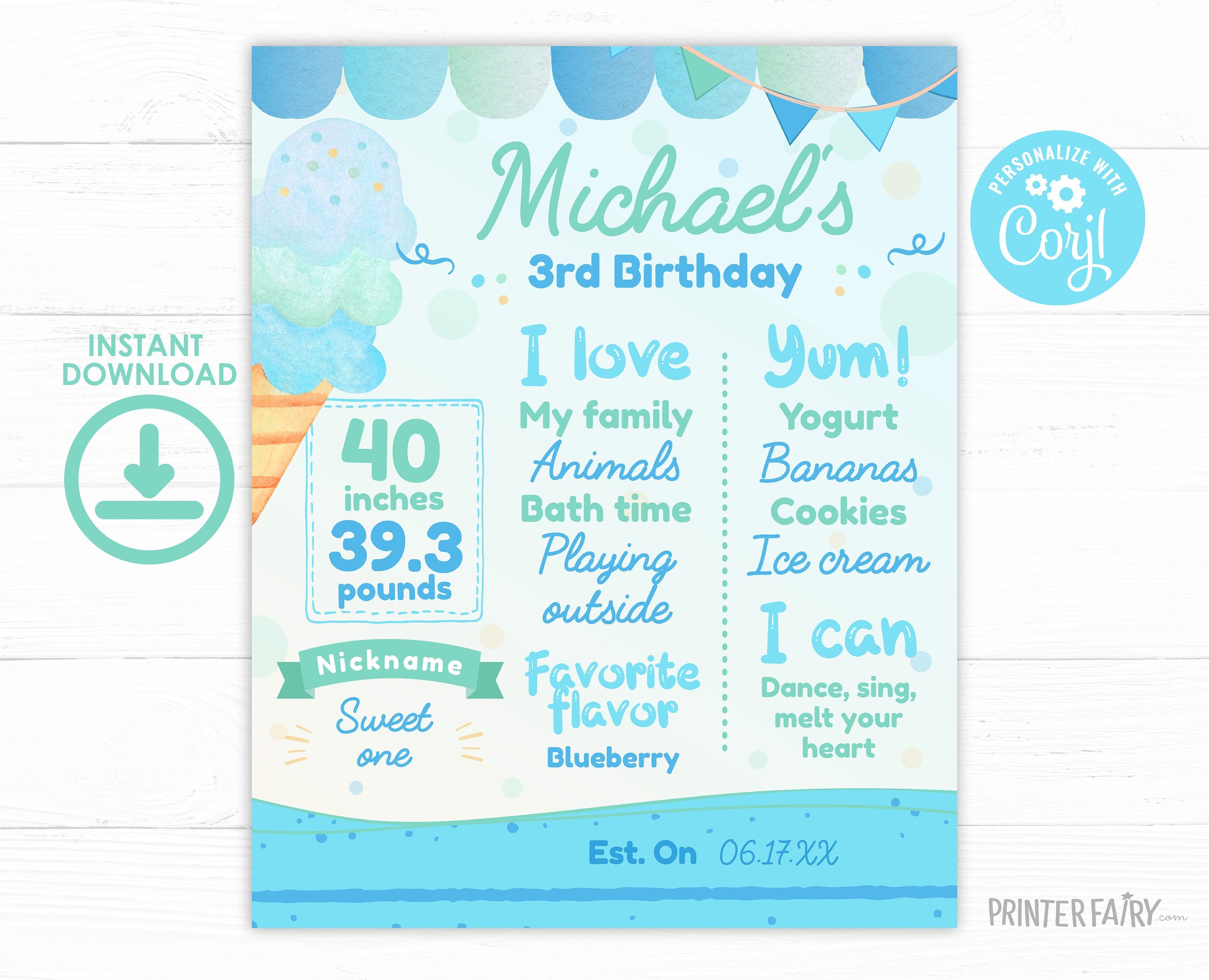Editable Ice Cream First Birthday Board, Summer Party (Digital Item)