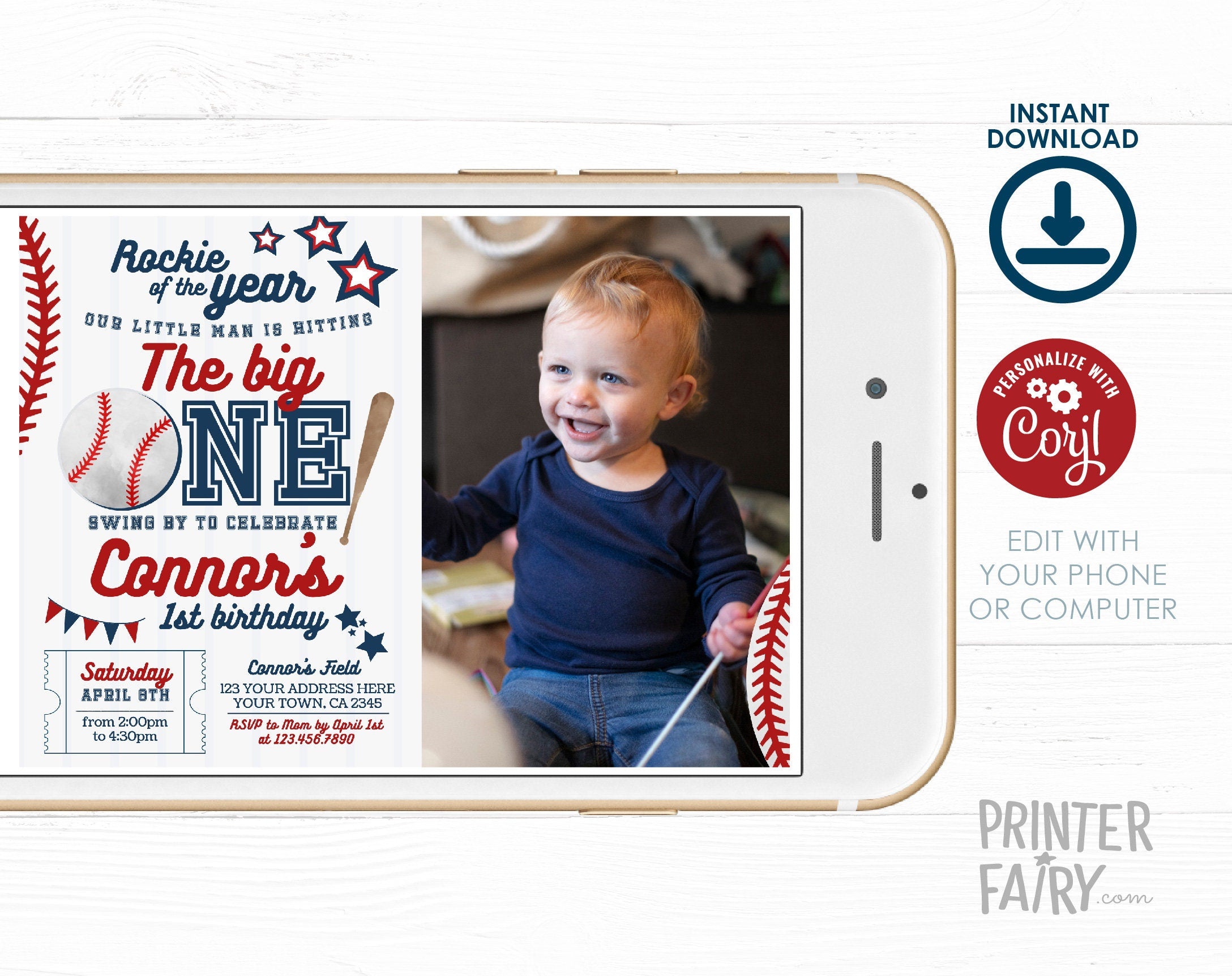 Baseball First Birthday Invitation with Photo, EDITABLE (Digital Item)