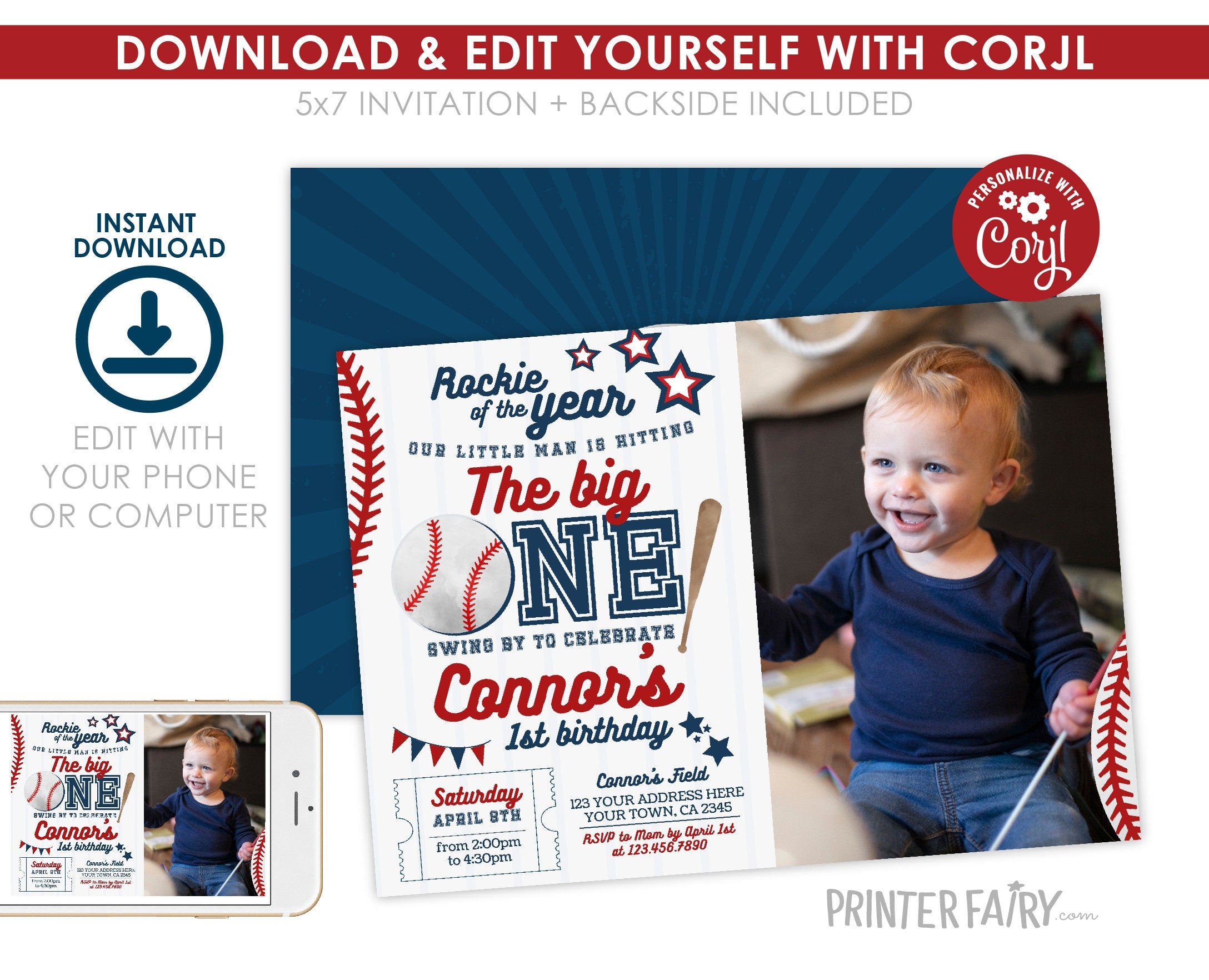 Baseball First Birthday Invitation with Photo, EDITABLE (Digital Item)