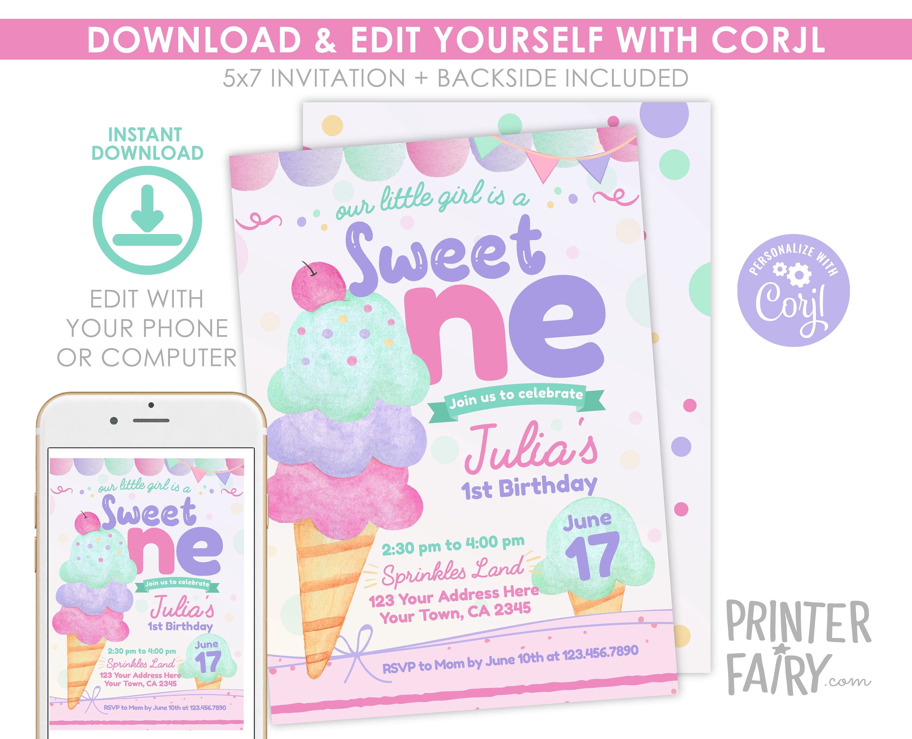Ice Cream 1st Birthday Invitation, Editable Template (Digital Download)