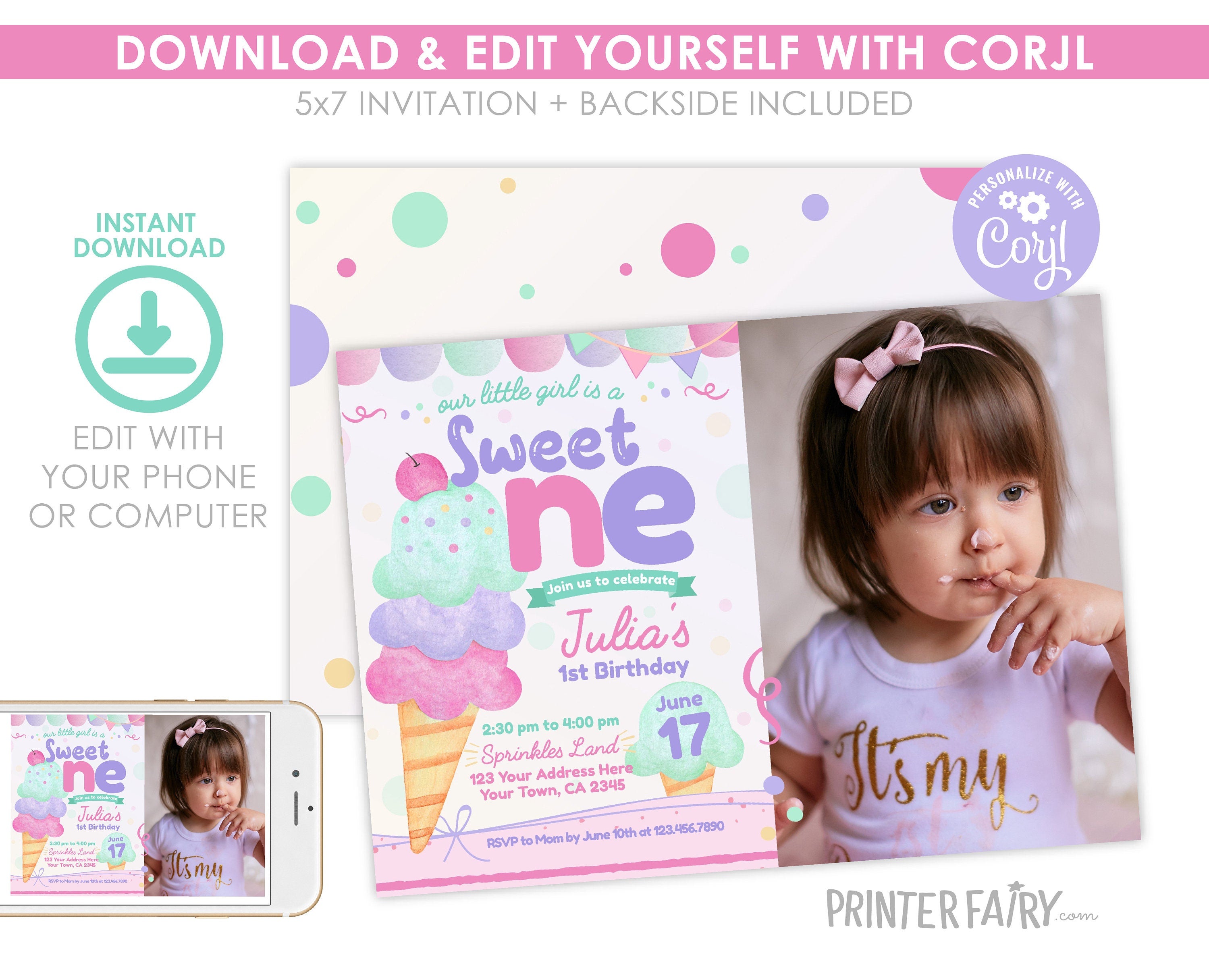 Ice Cream First Birthday Invitation Template with Photo (Digital Download)