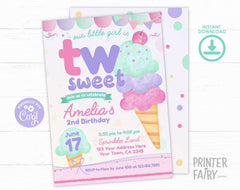 Ice Cream 2nd Birthday Inviation Editable Template, TWO Sweet Birthday Party Invite, Instant Download