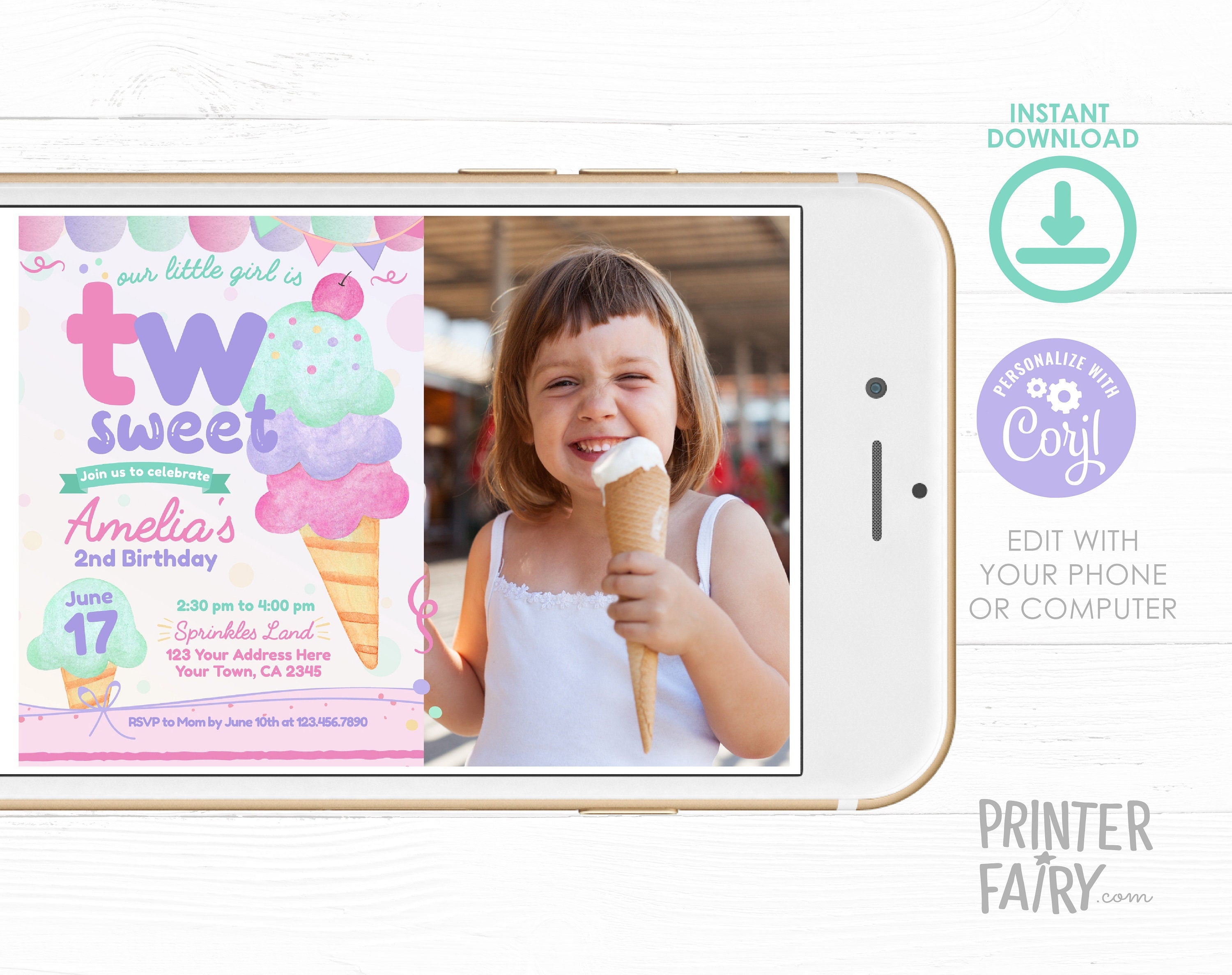 Ice Cream Second Birthday Invitation, Photo Editable Template (Digital Download)
