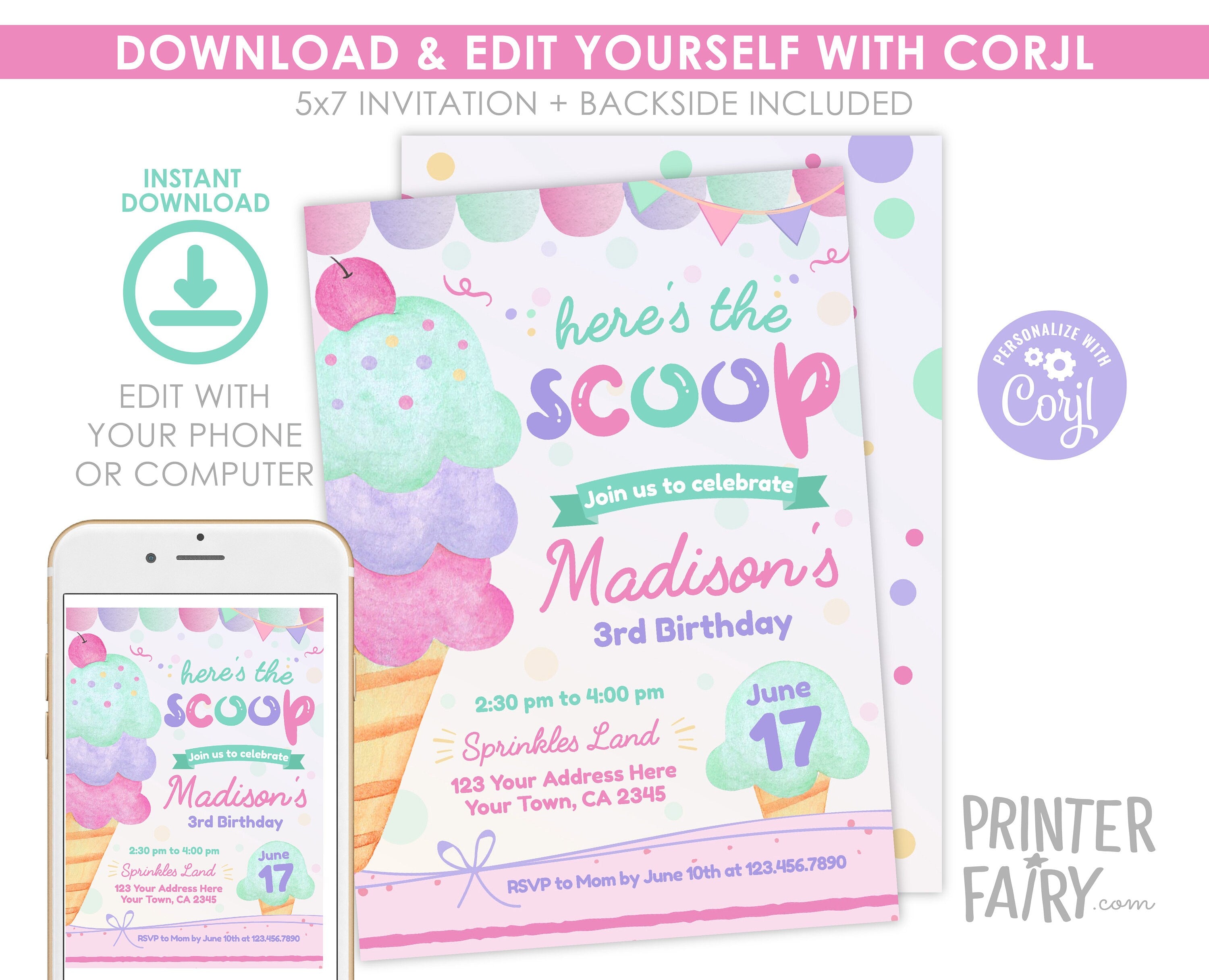 Ice Cream Birthday Party Invitation, Editable Template (Instant Download)