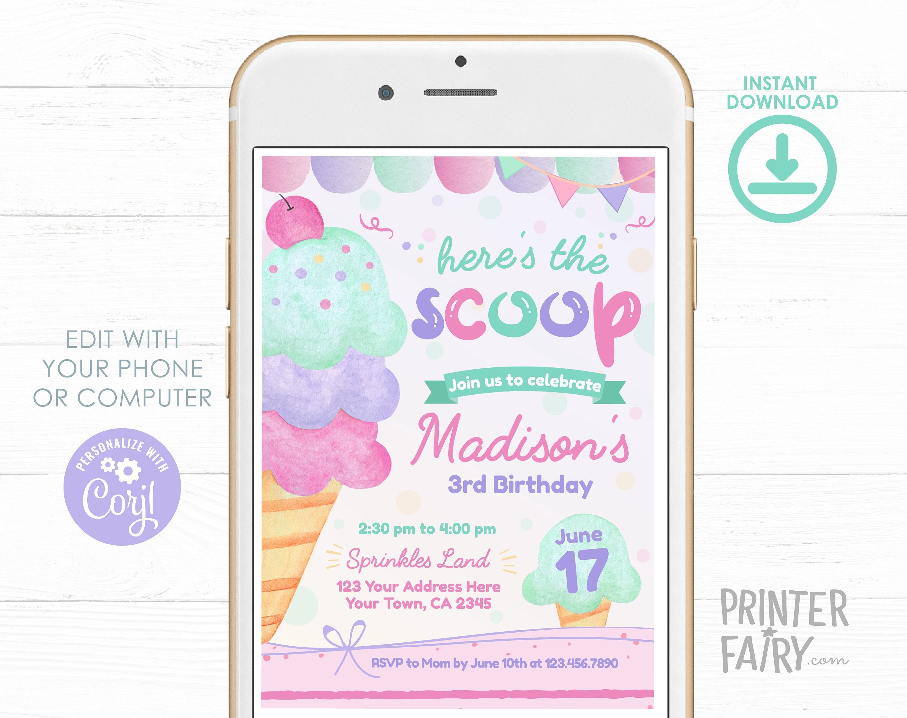 Ice Cream Birthday Party Invitation, Editable Template (Instant Download)
