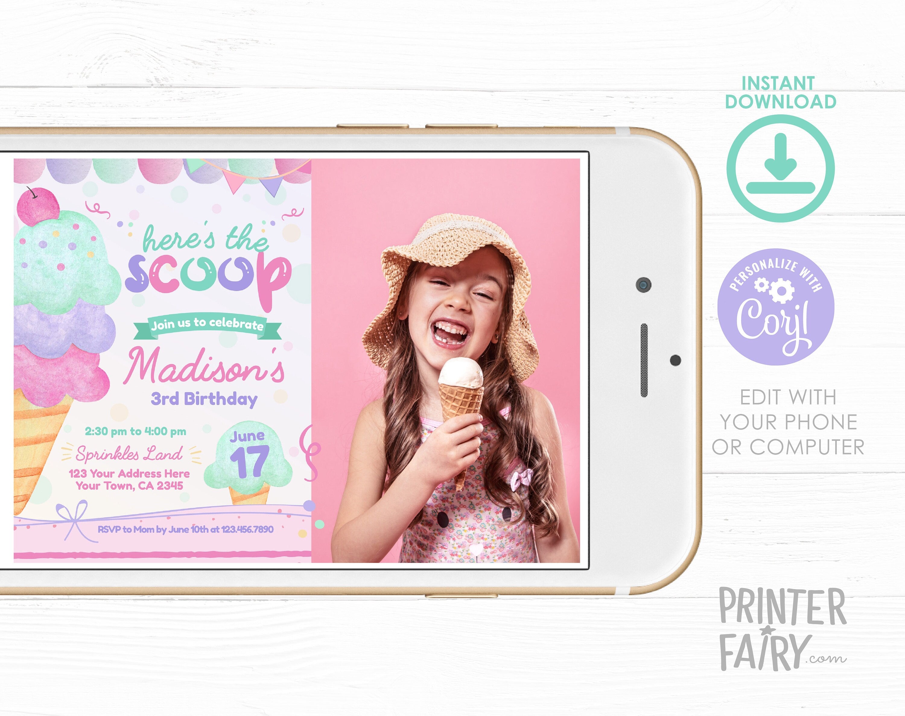 Ice Cream Birthday Invitation, Photo Editable Template (Instant Download)