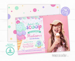 Ice Cream Birthday Invitation, Photo Editable Template (Instant Download)