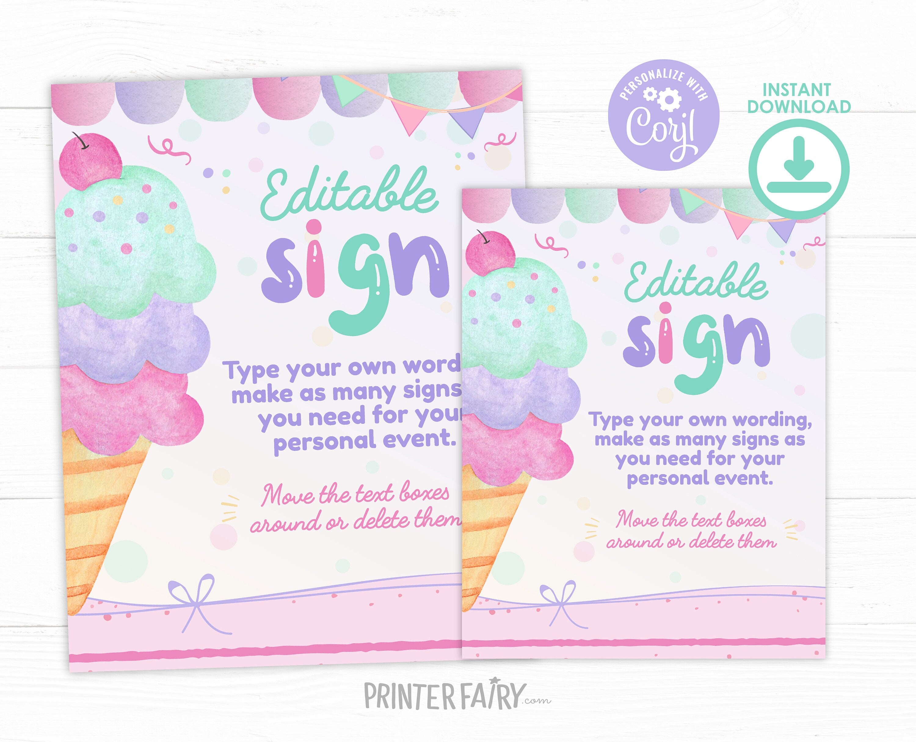 Ice Cream Birthday Editable Sign, 2 sizes included, EDITABLE, Instant Download