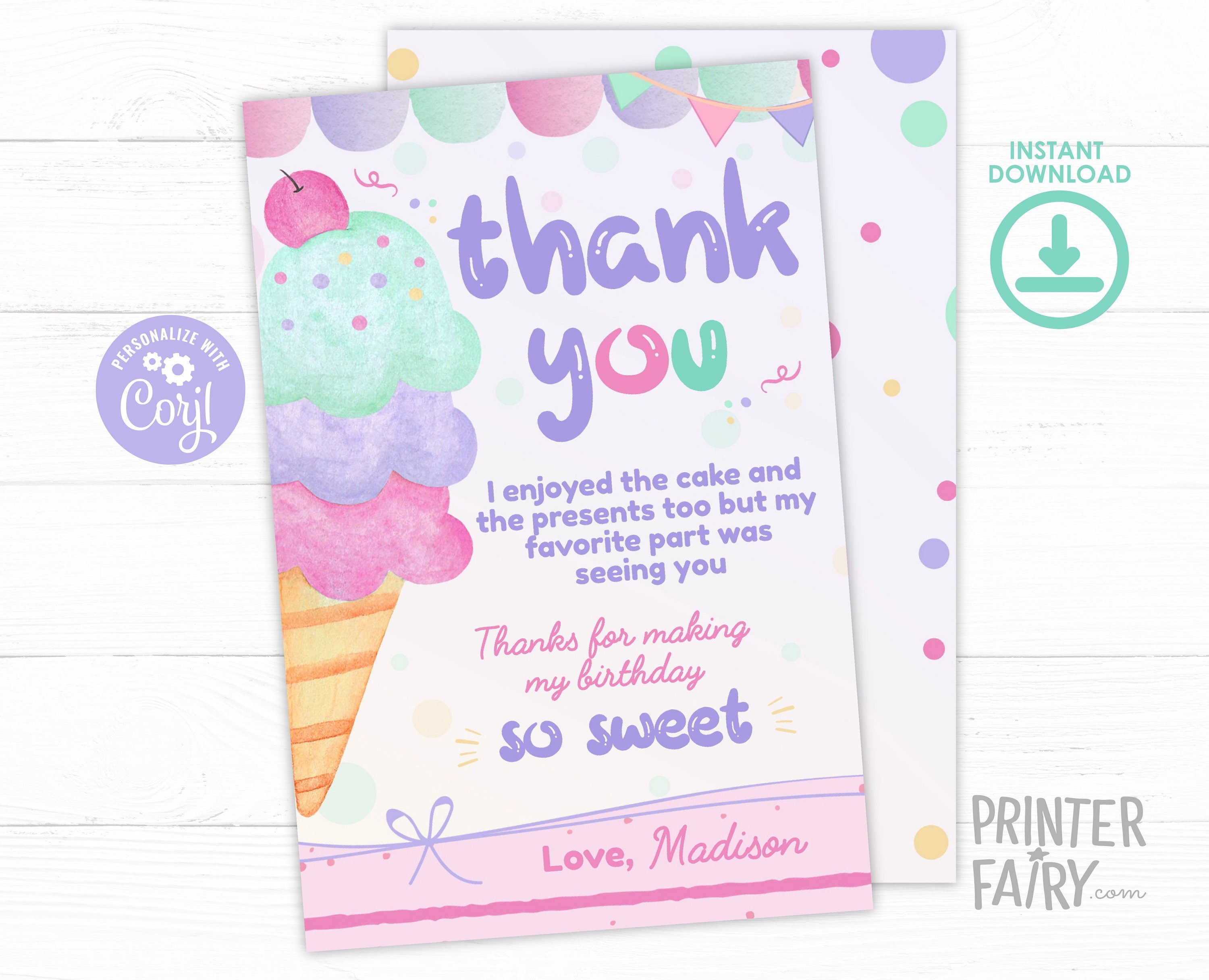 Ice Cream Thank You Card Editable Template (Instant Download)