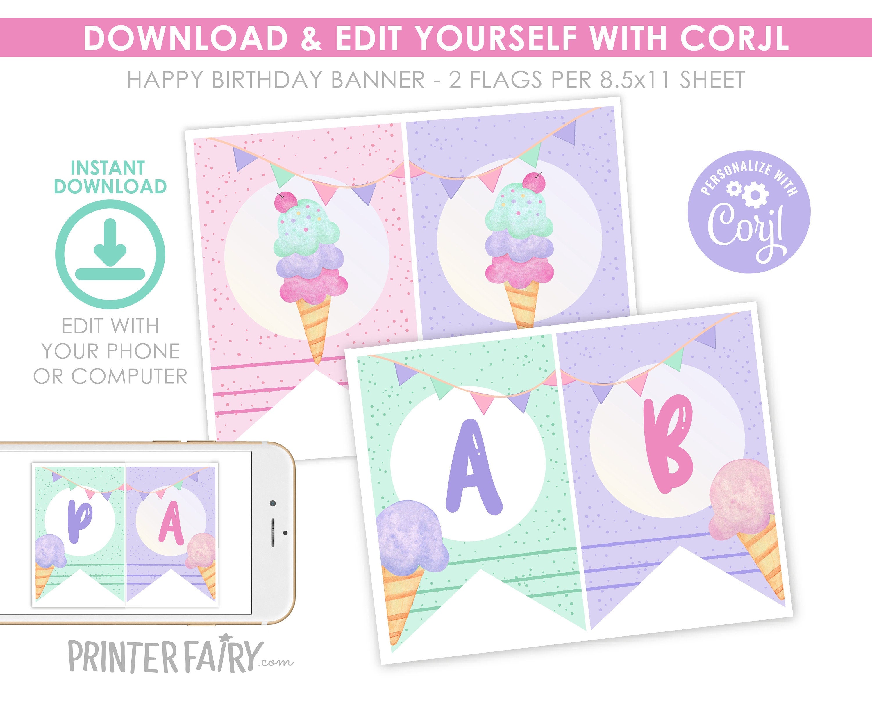 Ice Cream Birthday Banner, EDITABLE, Add your own wording, Instant Download