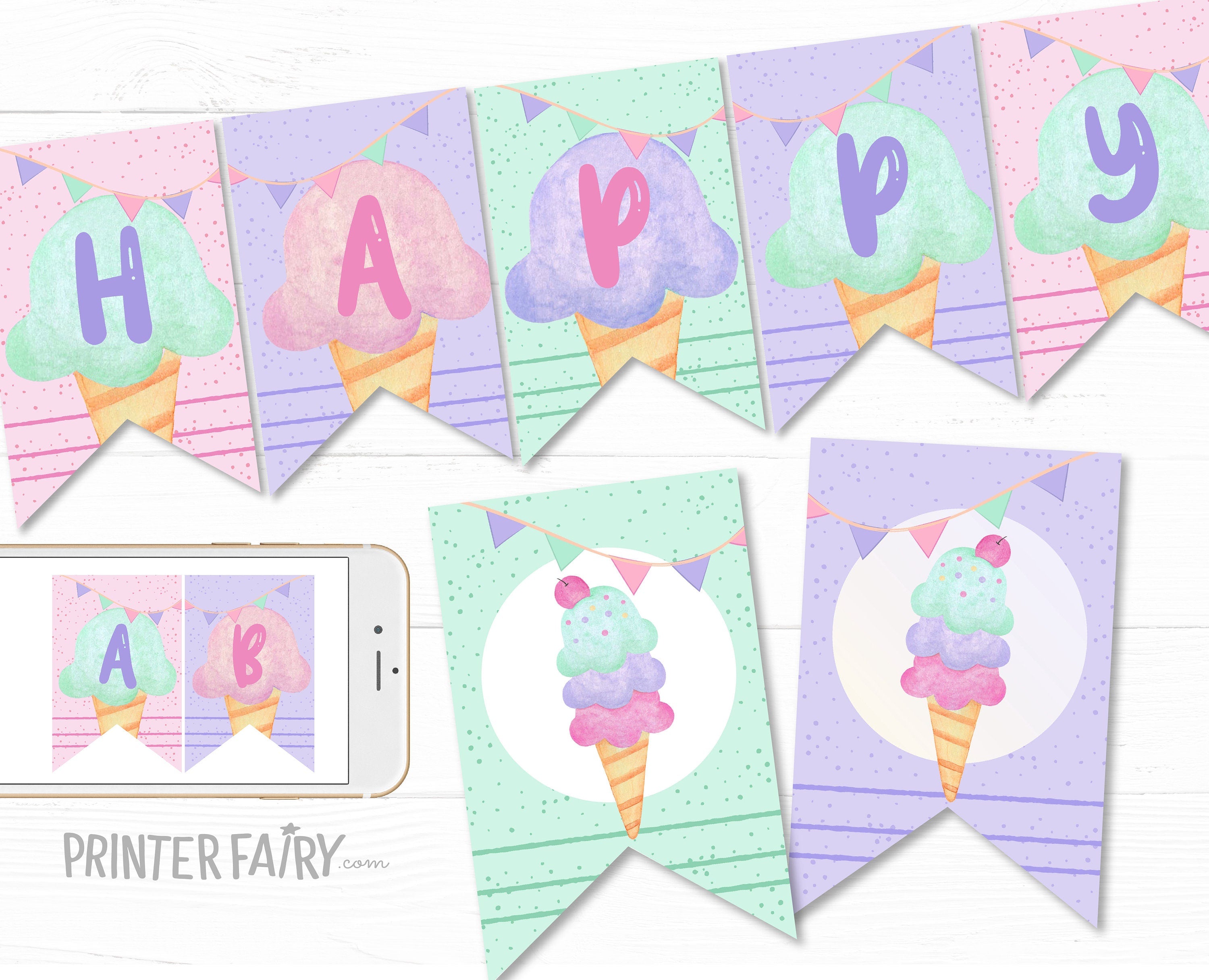 Ice Cream Birthday Banner, EDITABLE, Add your own wording, Instant Download