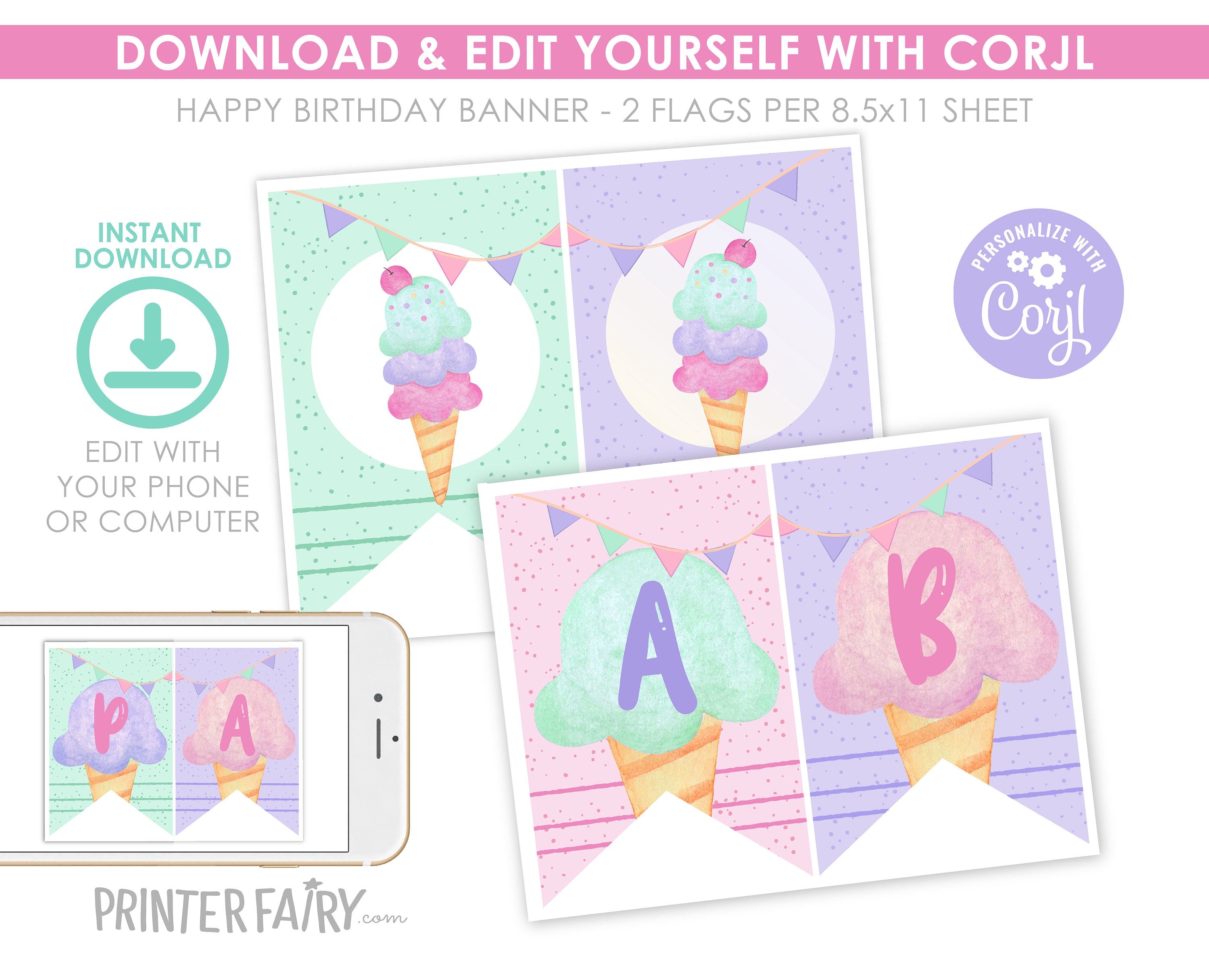 Ice Cream Birthday Banner, EDITABLE, Add your own wording, Instant Download