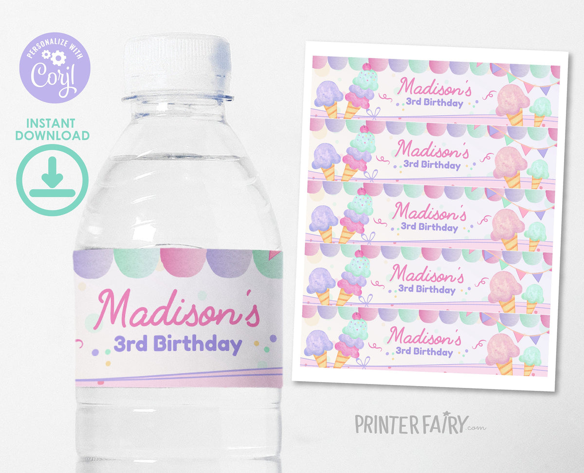 Editable Ice Cream Birthday Water Bottle Label (Digital Download)