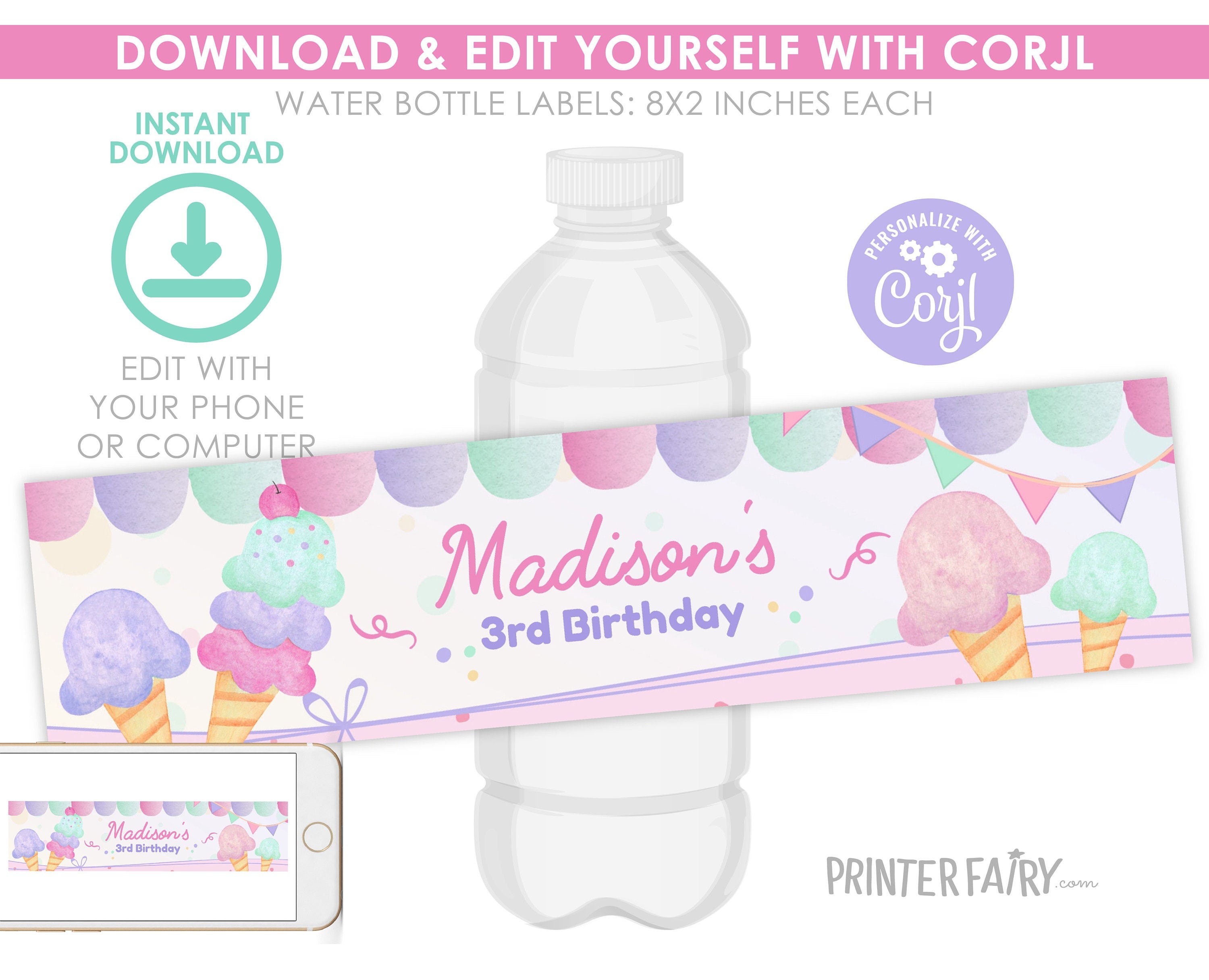 Editable Ice Cream Birthday Water Bottle Label (Digital Download)
