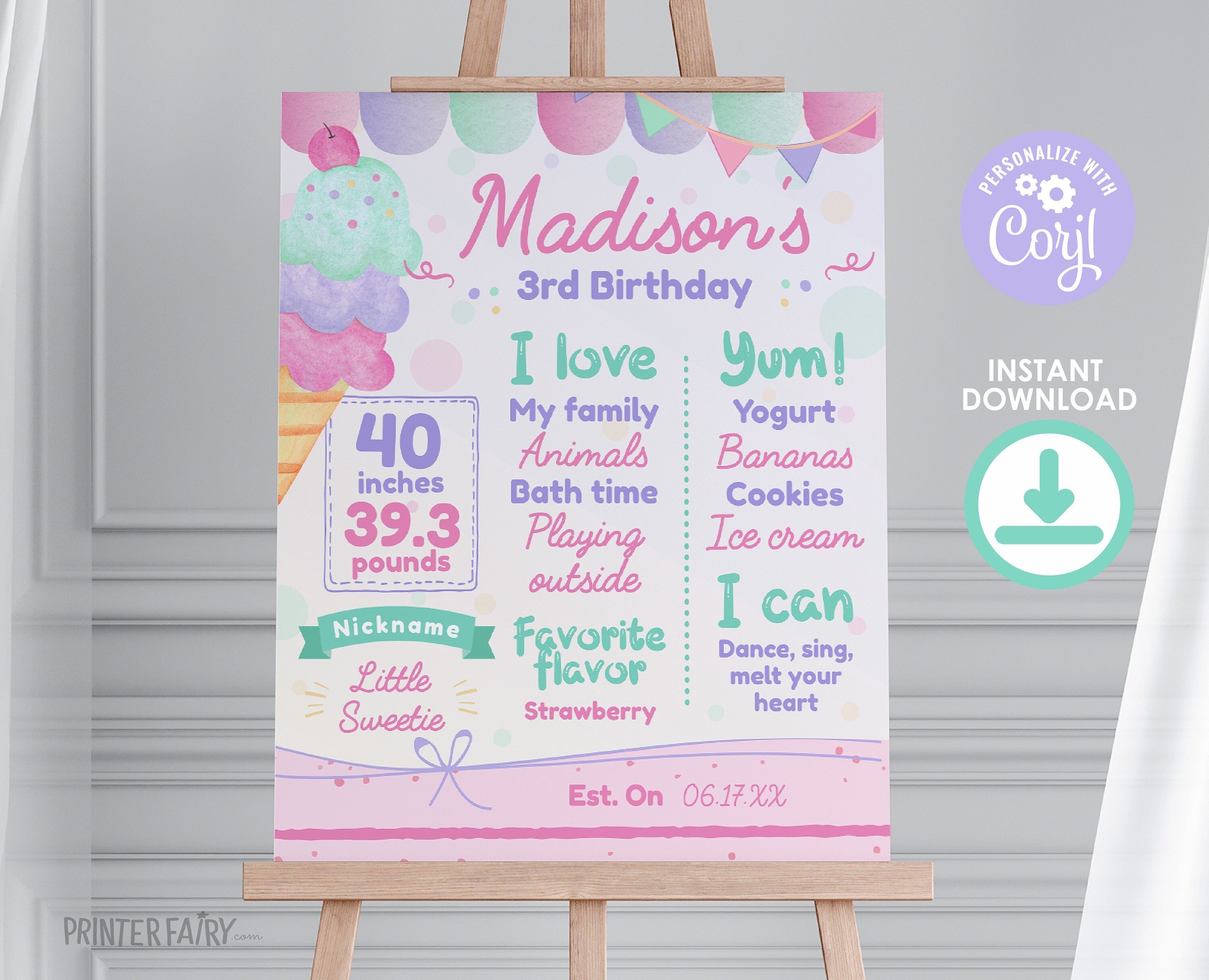 Ice Cream First Birthday Milestones Board, EDITABLE, Instant Download