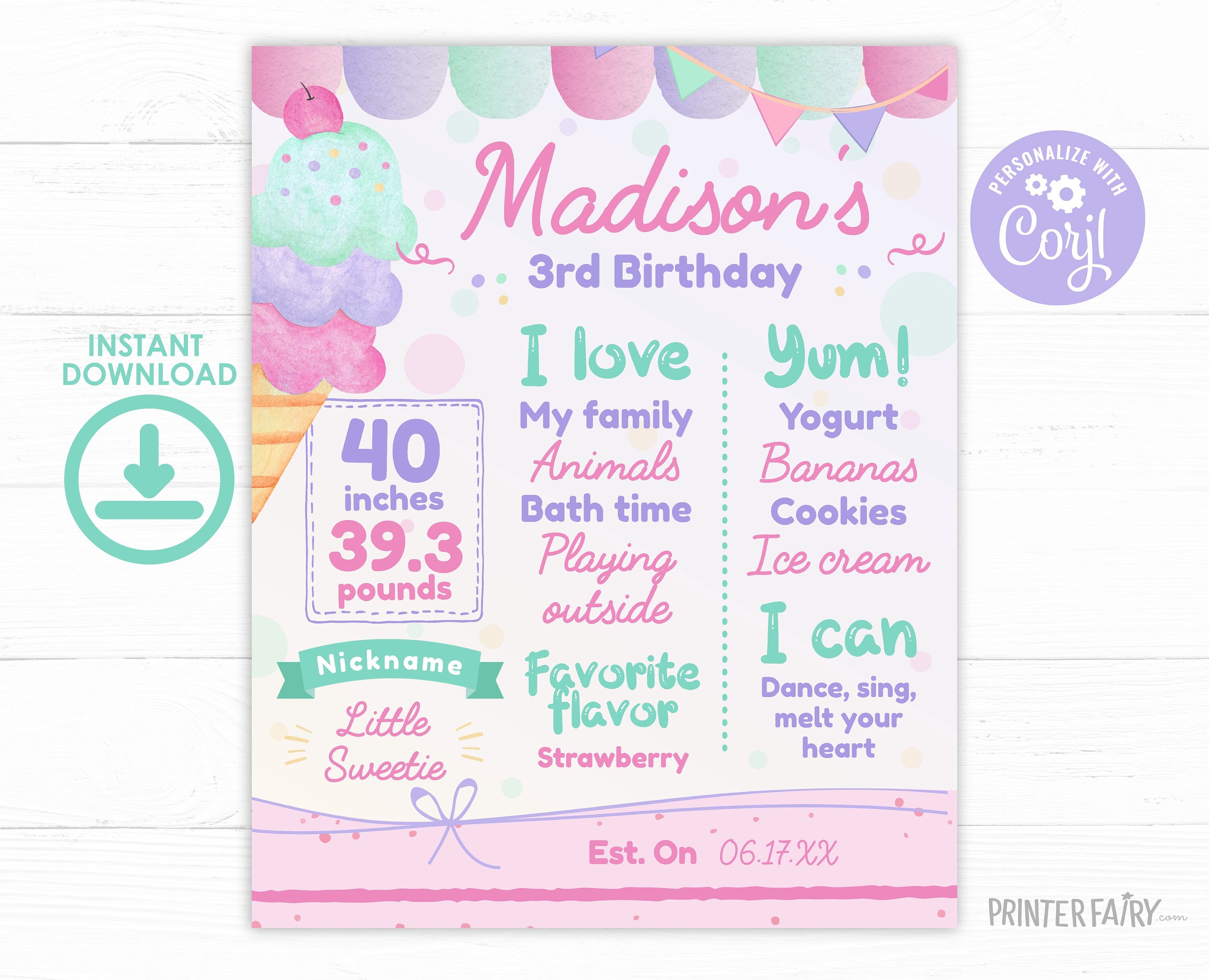 Ice Cream First Birthday Milestones Board, EDITABLE, Instant Download