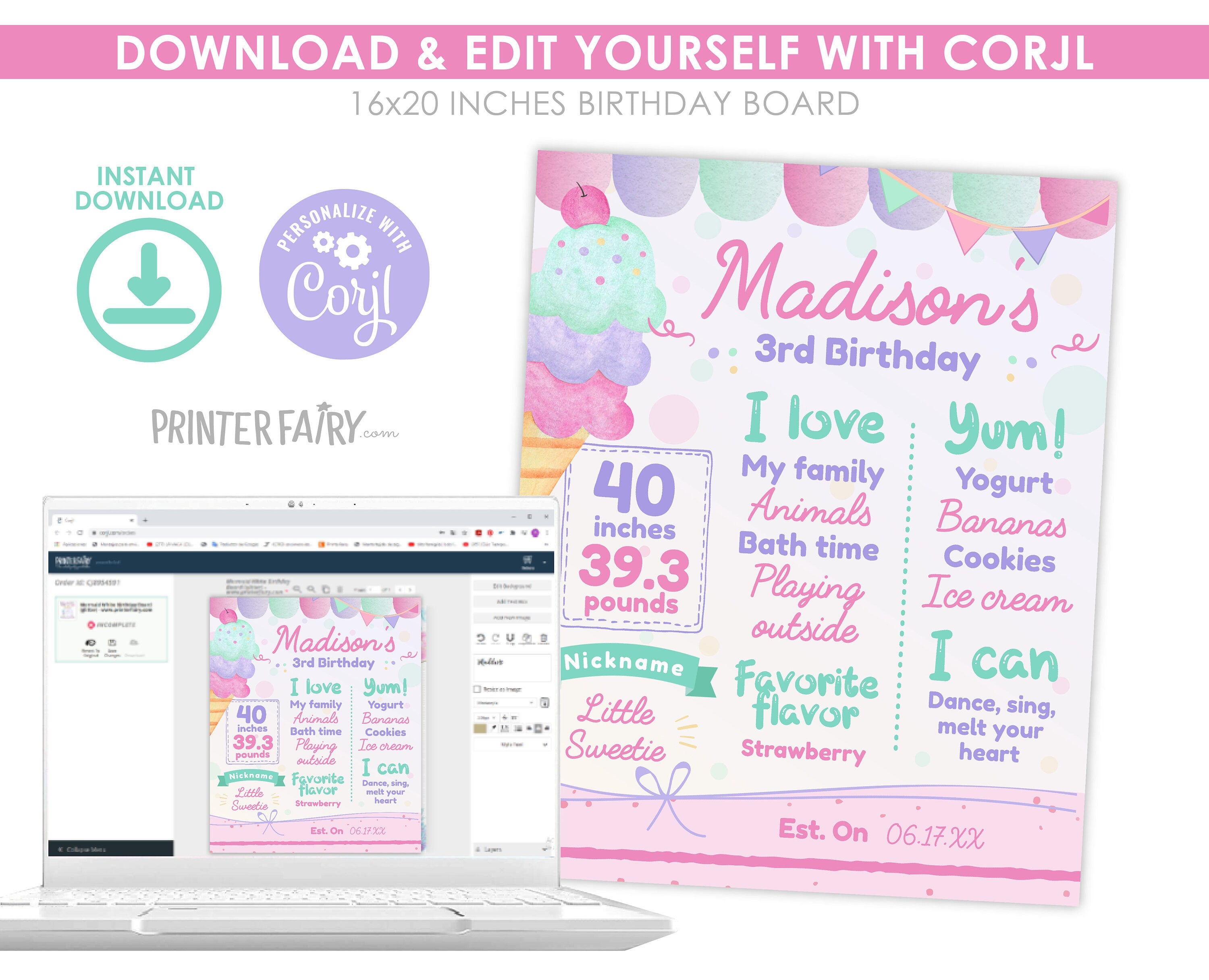 Ice Cream First Birthday Milestones Board, EDITABLE, Instant Download