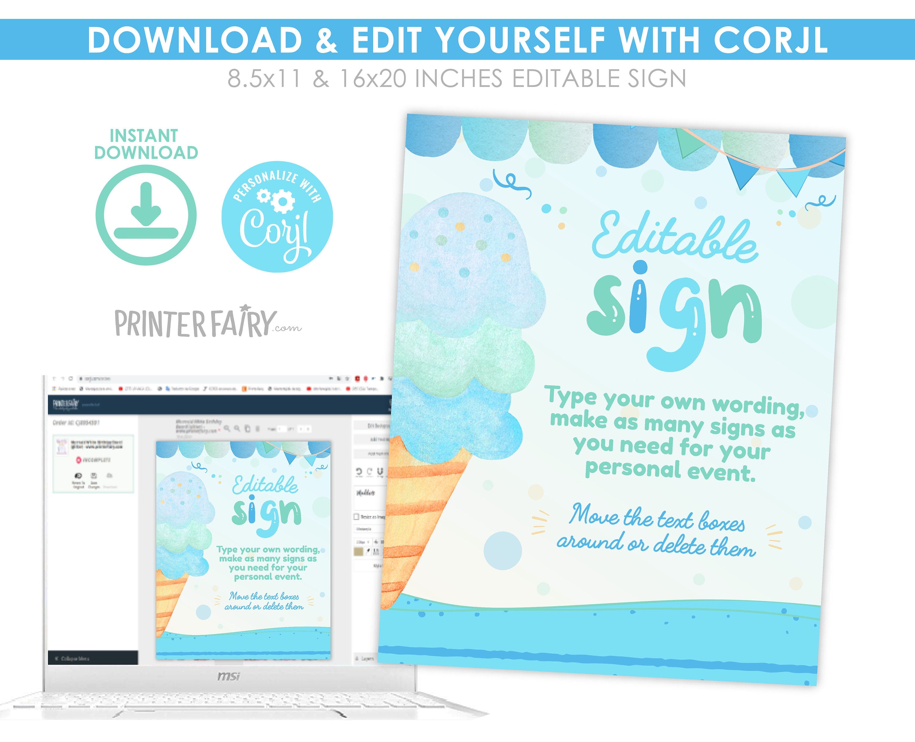 Ice Cream Birthday Party Editable Sign (Digital Download)