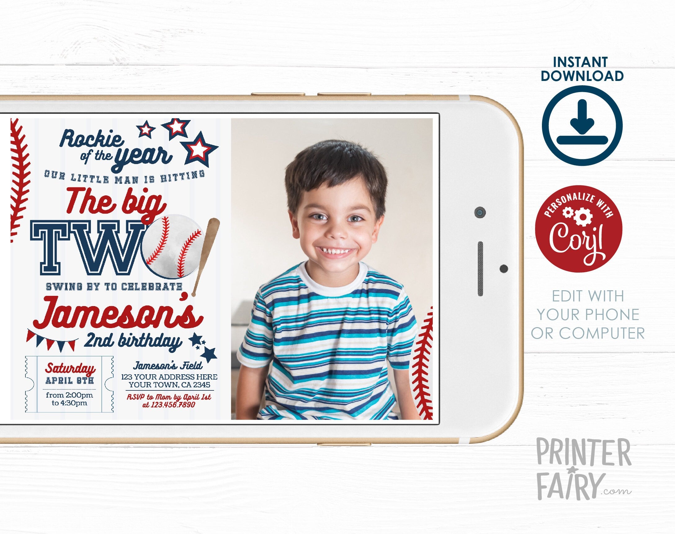Baseball Second Birthday Invitation with Photo (Editable)