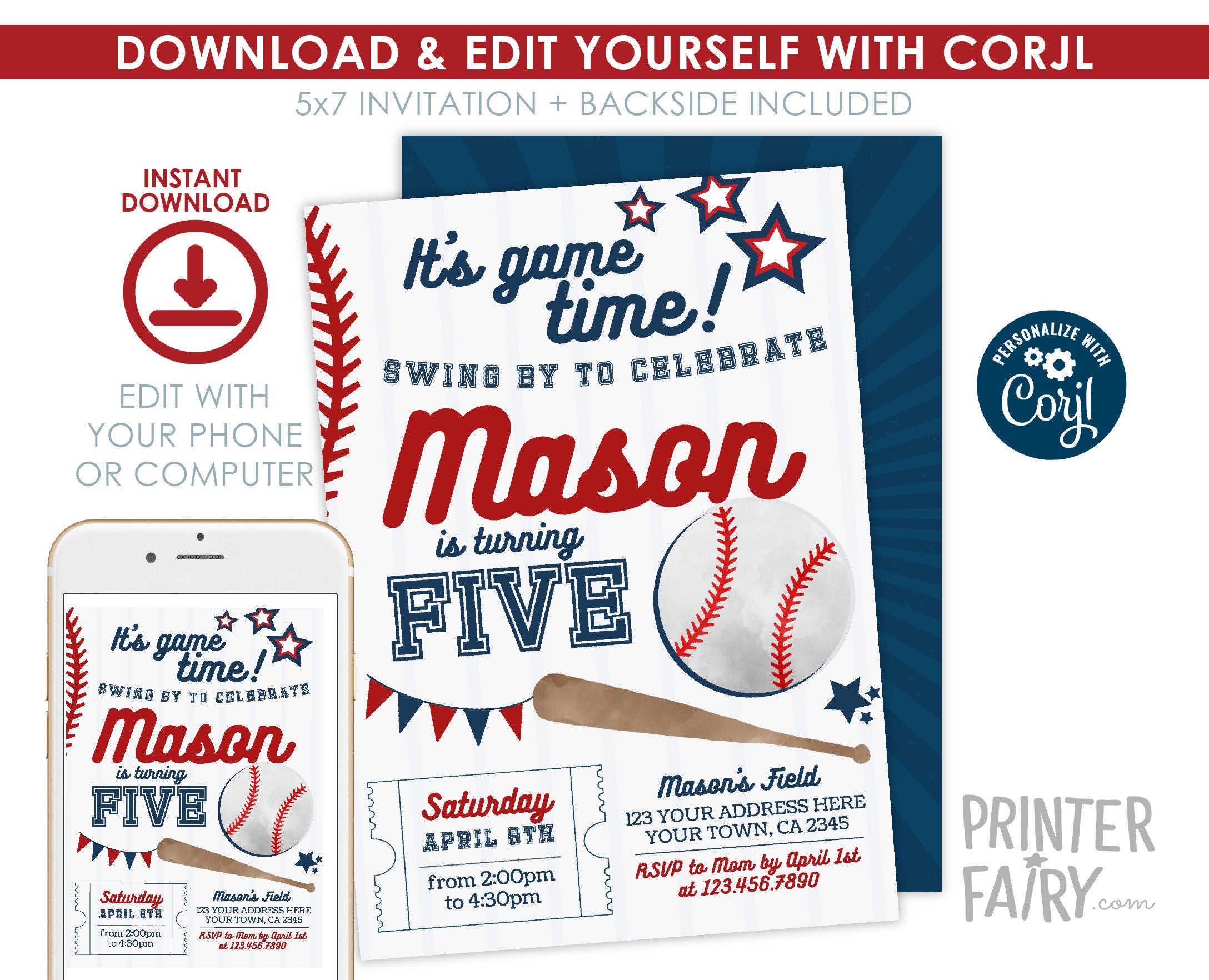 Editable Baseball Birthday Invitation, Sports Party (Digital)