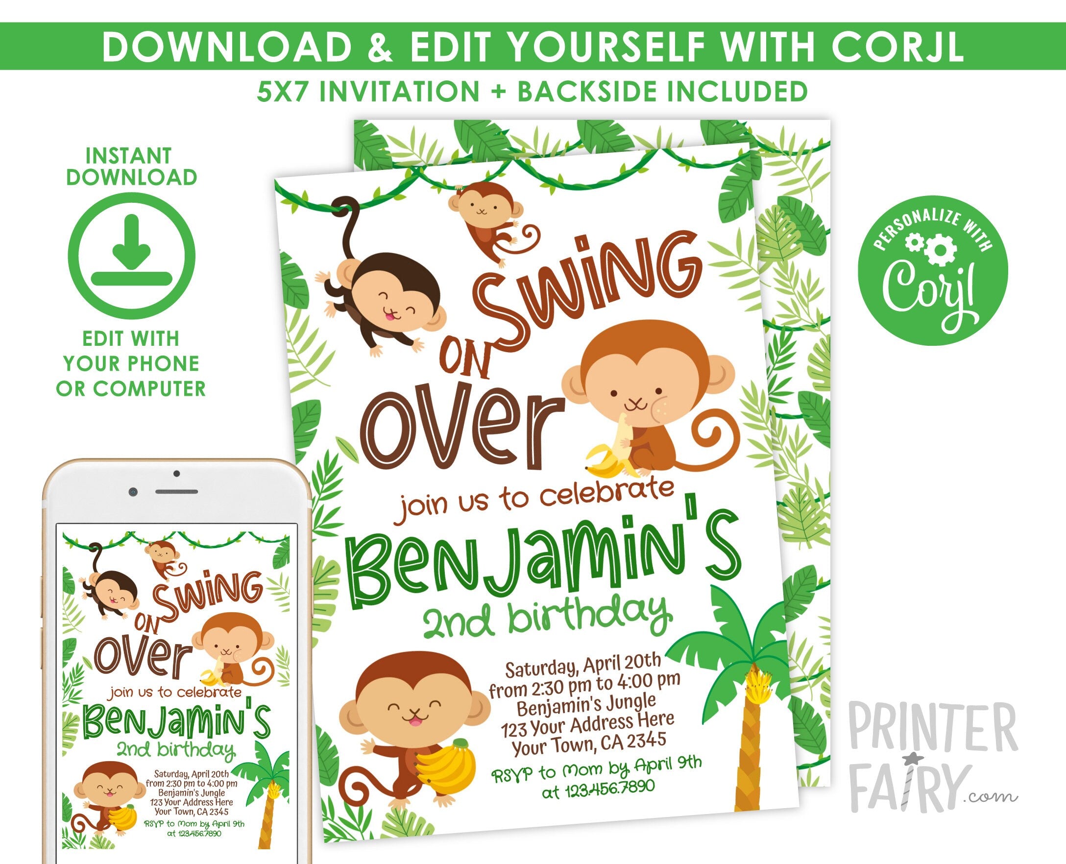 Monkey Birthday Invitation Editable Template, Instant Download