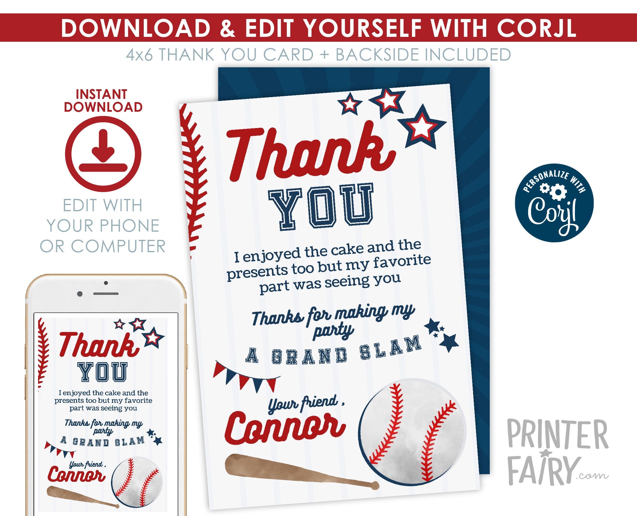 Editable Baseball Thank You Card, Sports Birthday (Digital Item)