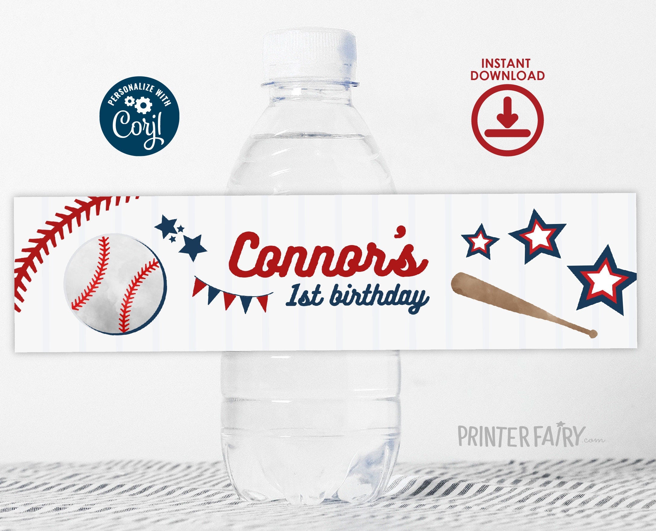 Baseball Birthday Water Bottle Label, Editable Party Printable (Digital Item)