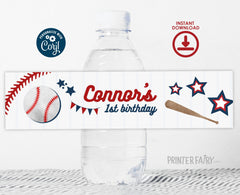 Baseball Birthday Water Bottle Label, Editable Party Printable (Digital Item)