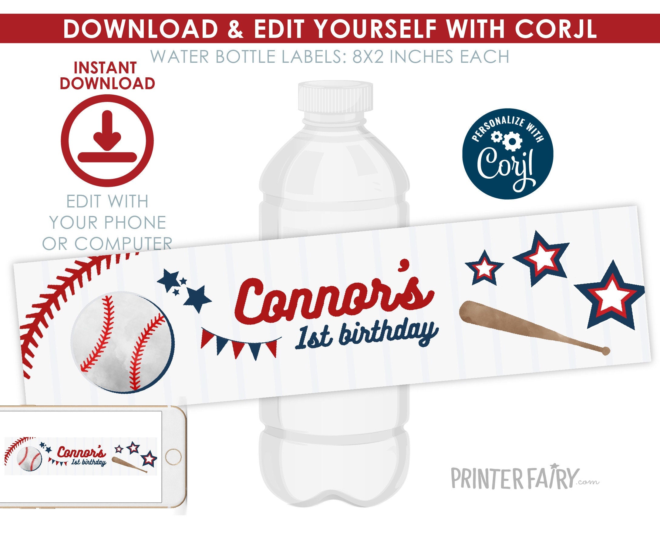 Baseball Birthday Water Bottle Label, Editable Party Printable (Digital Item)