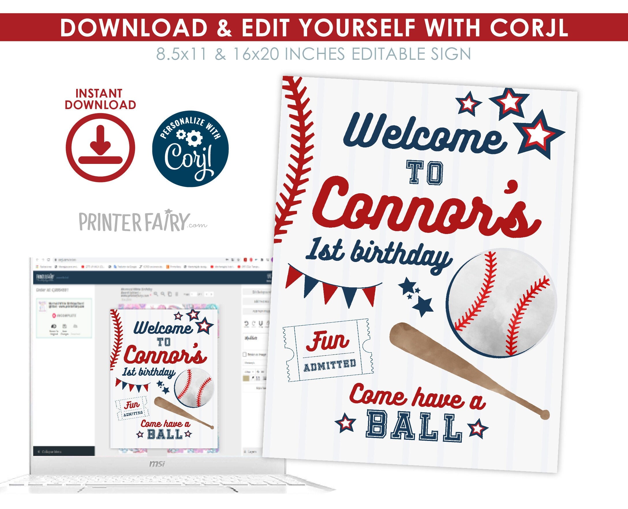 Editable Baseball Birthday Welcome Sign (Digital Download)