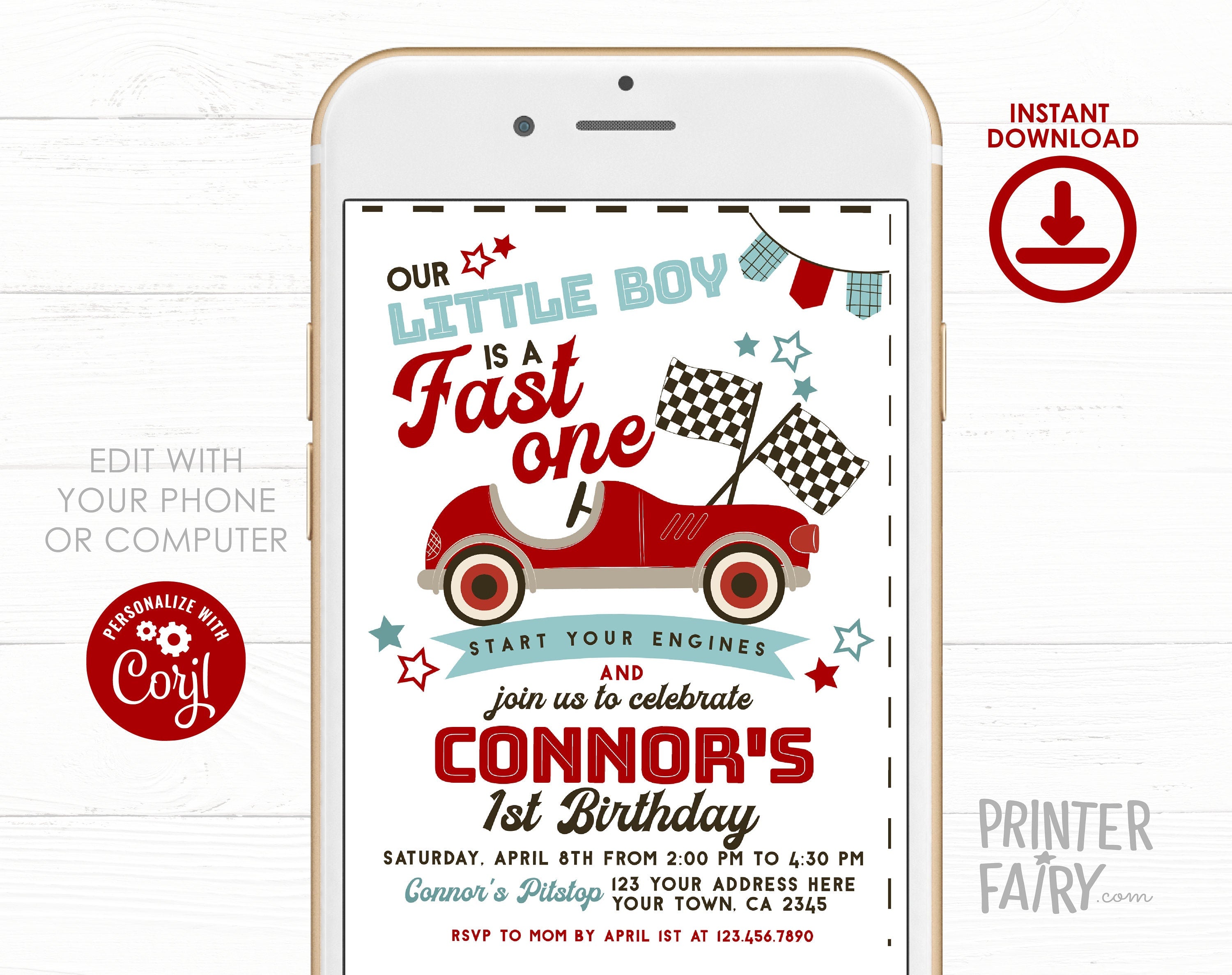 Race Car First Birthday Invitation, Fast One Editable Template (Digital Download)