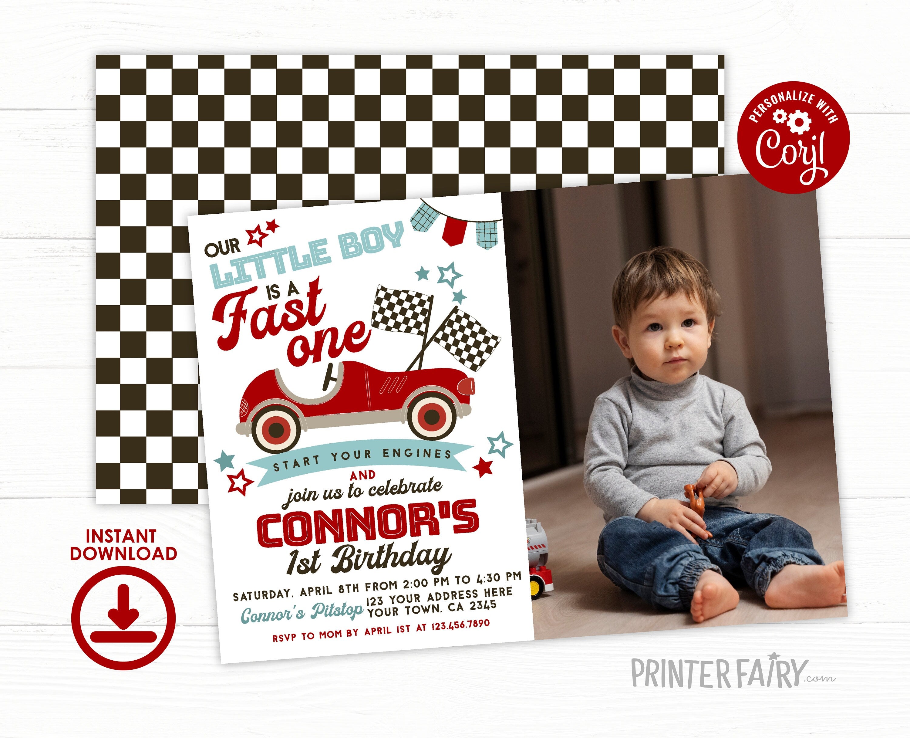 Race Car 1st Birthday Invitation with Photo, Editable (Digital Item)