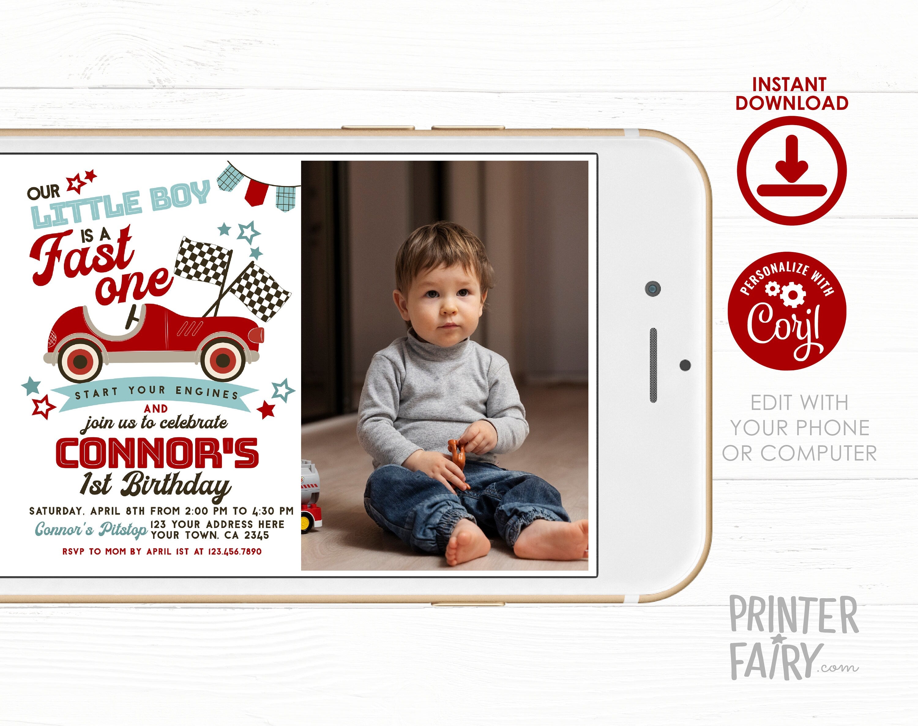 Race Car 1st Birthday Invitation with Photo, Editable (Digital Item)
