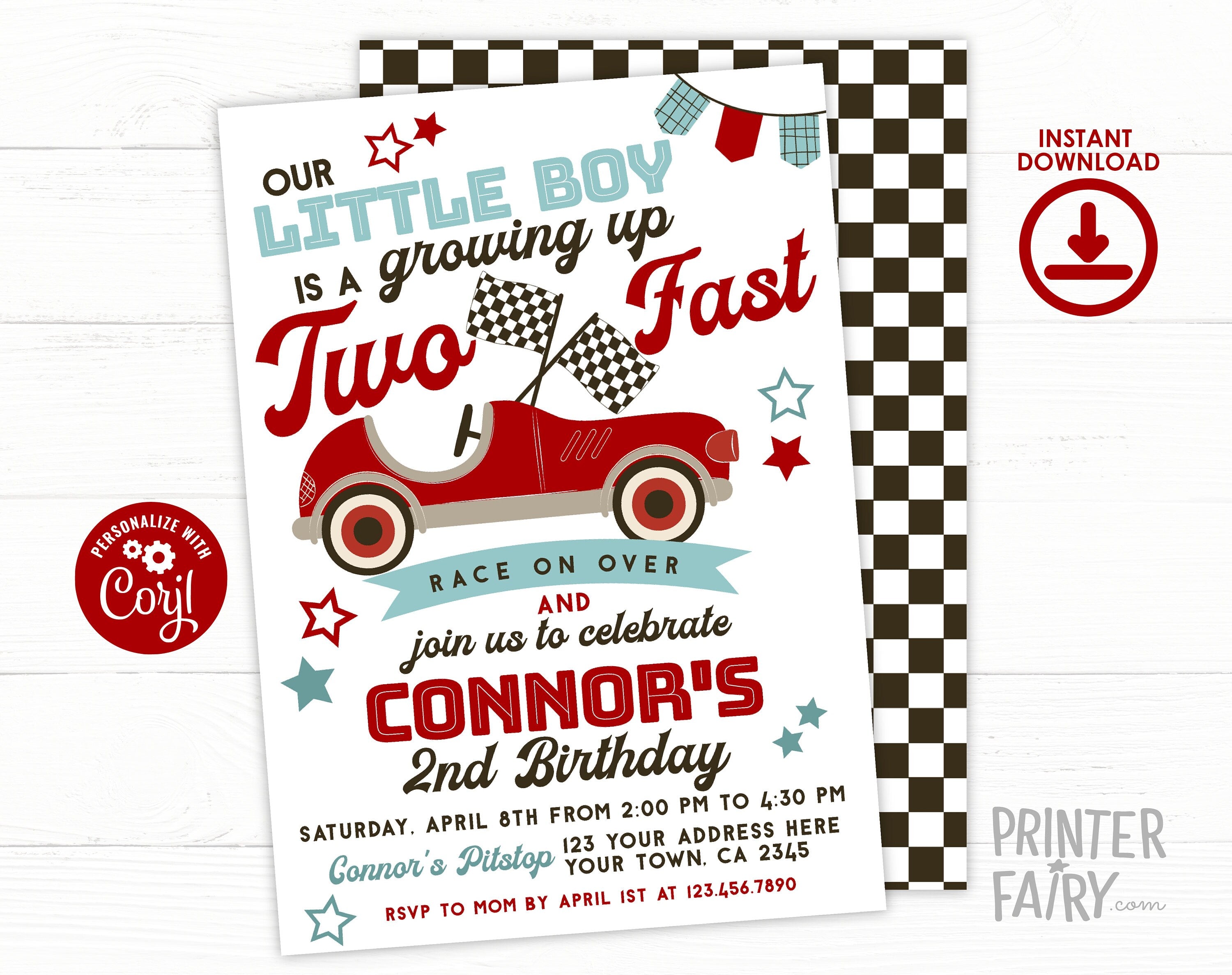 Race Car 2nd Birthday Invitation, Two Fast Party (Editable)