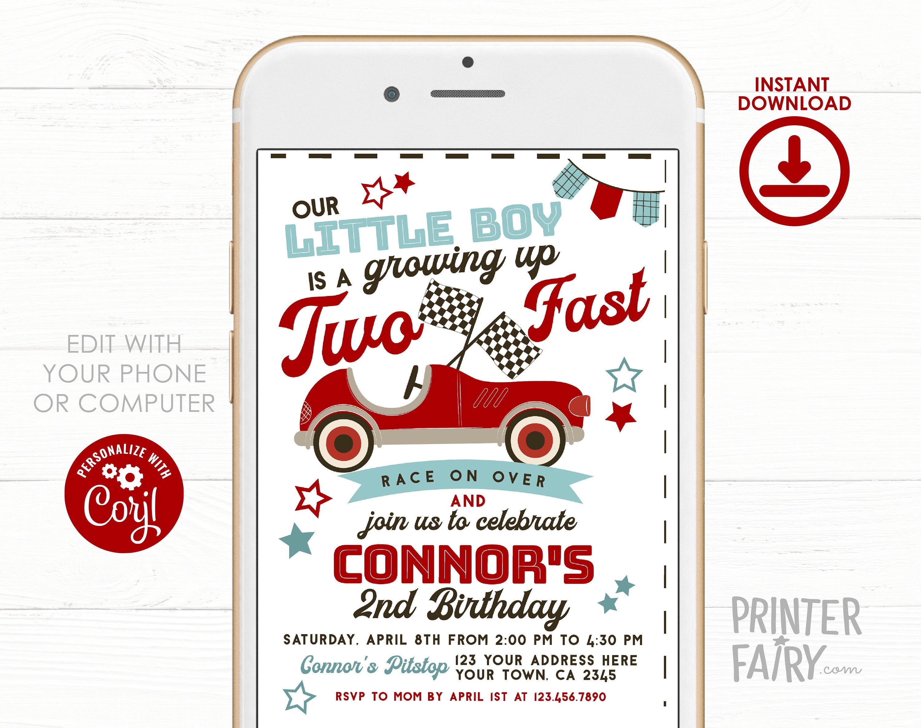 Race Car 2nd Birthday Invitation, Two Fast Party (Editable)