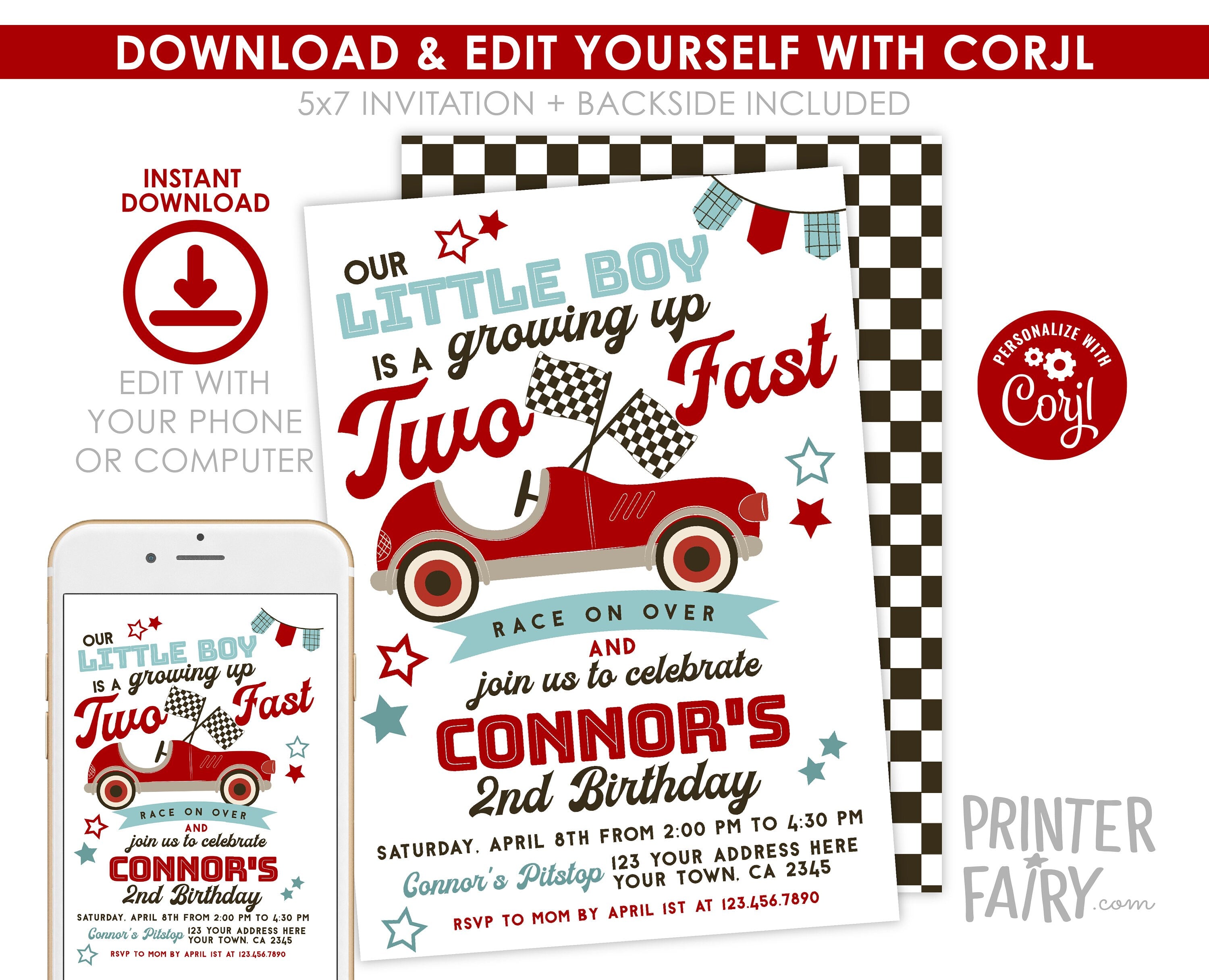 Race Car 2nd Birthday Invitation, Two Fast Party (Editable)