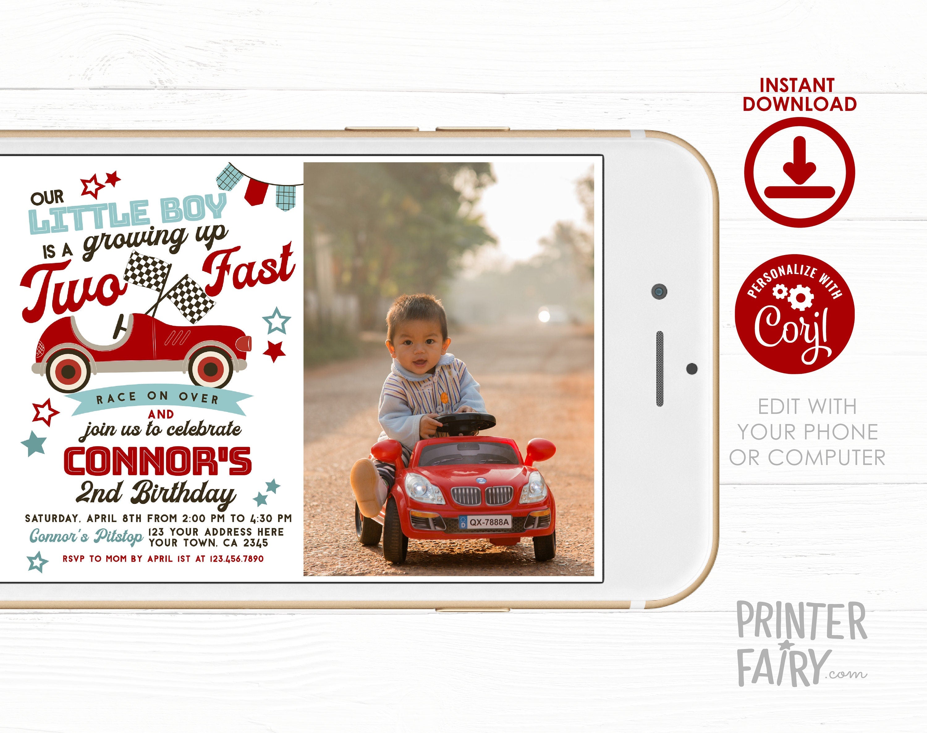 Two Fast Race Car 2nd Birthday Invitation with Photo (Editable Digital Item)