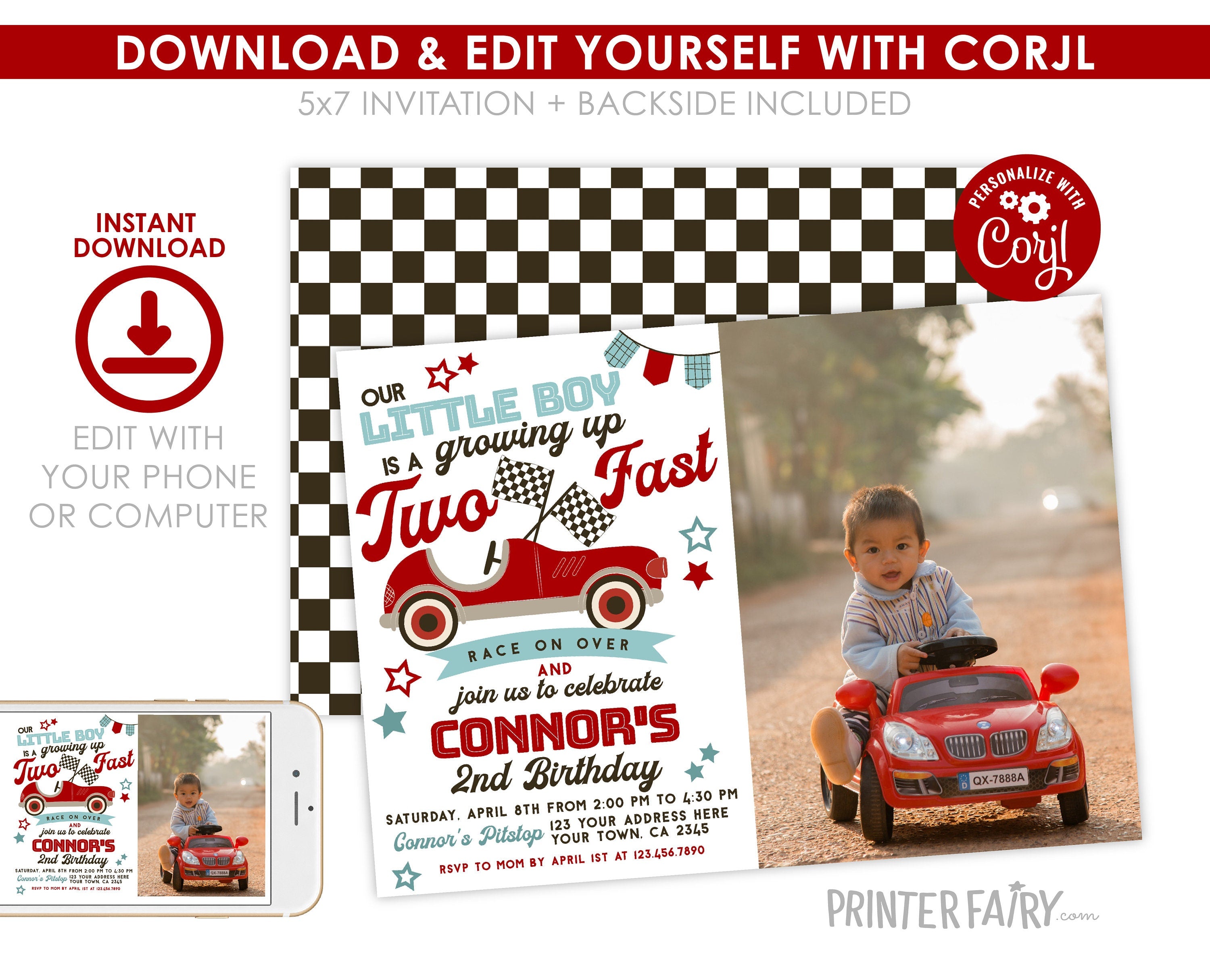 Two Fast Race Car 2nd Birthday Invitation with Photo (Editable Digital Item)